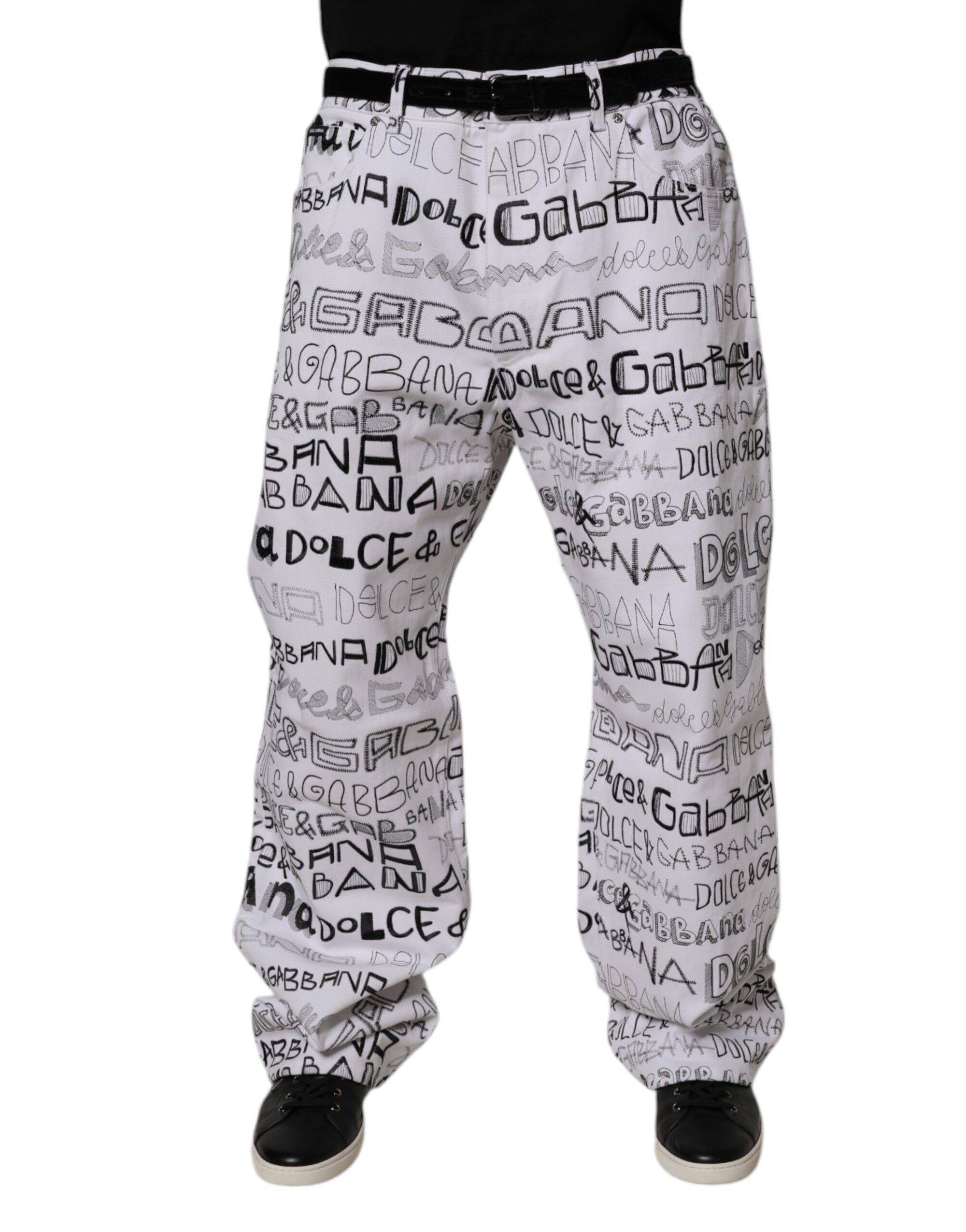 Dolce &amp; Gabbana White Logo Print Straight Men Denim Jeans