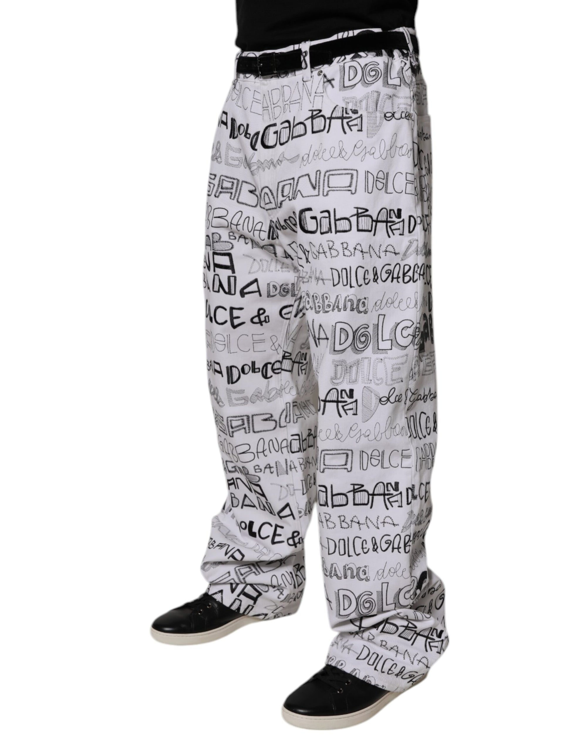 Dolce &amp; Gabbana White Logo Print Straight Men Denim Jeans