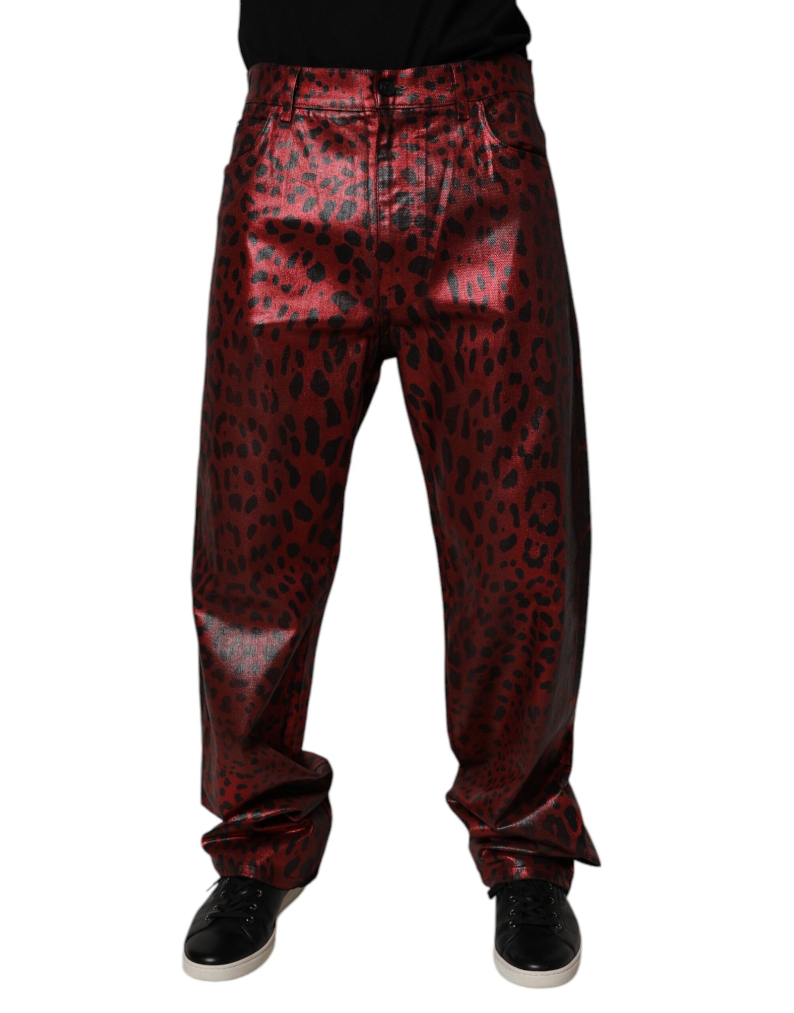 Dolce &amp; Gabbana Red Leopard Cotton Straight Men Denim Jeans
