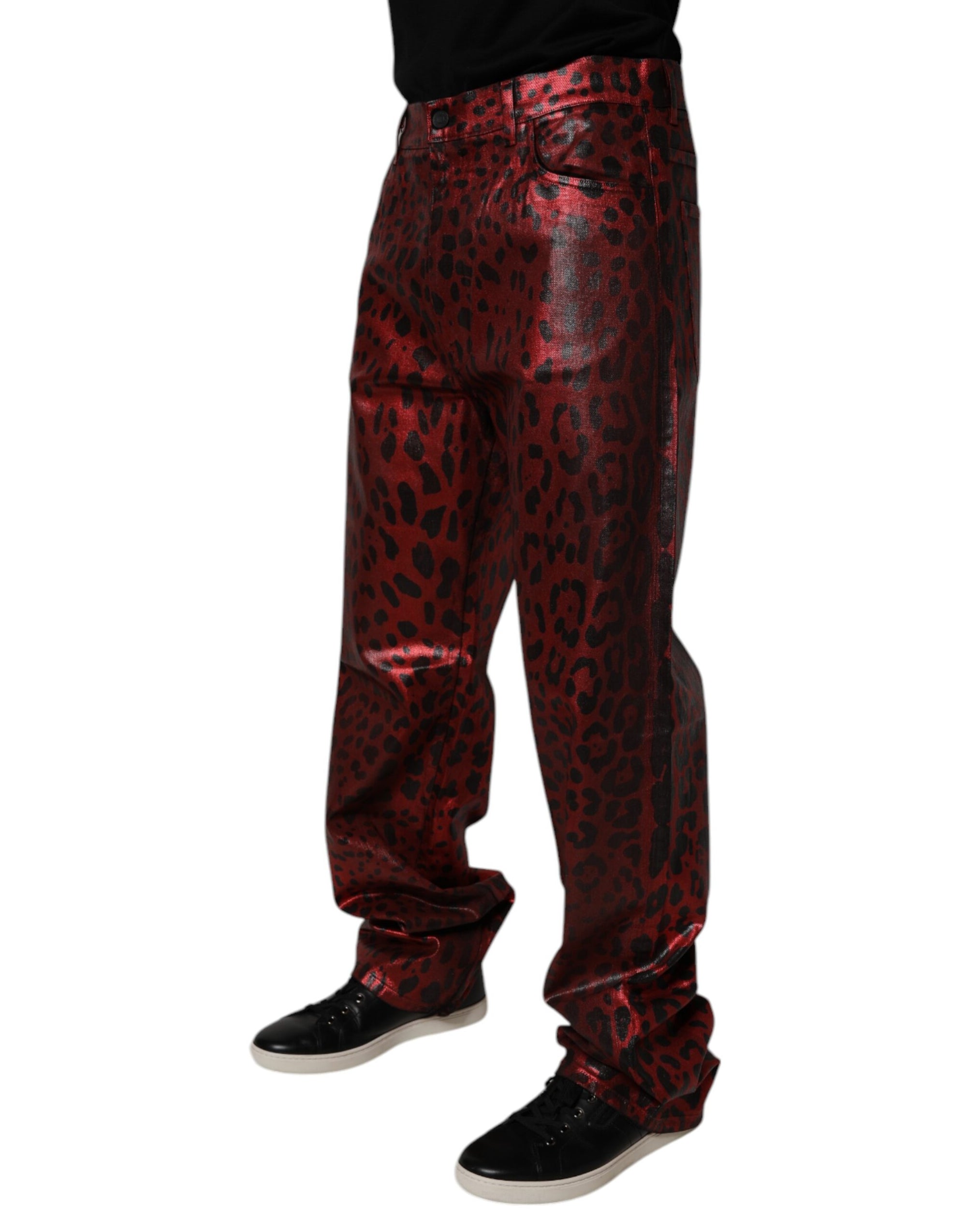 Dolce &amp; Gabbana Red Leopard Cotton Straight Men Denim Jeans