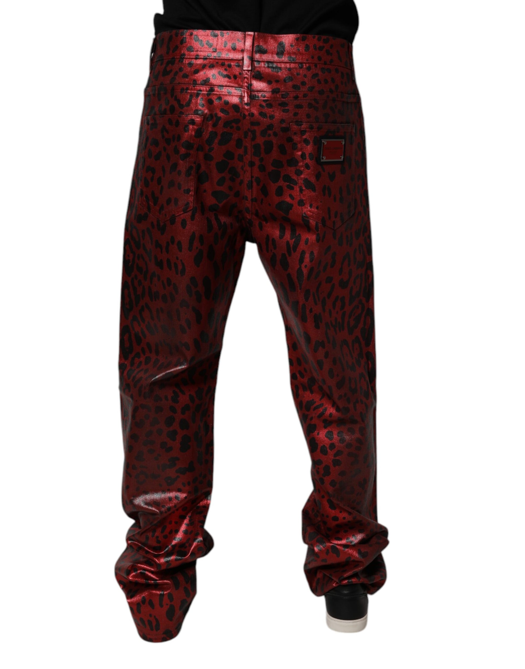 Dolce &amp; Gabbana Red Leopard Cotton Straight Men Denim Jeans