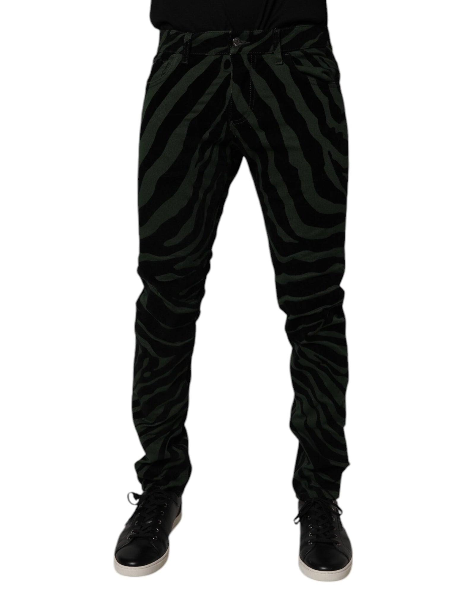 Dolce &amp; Gabbana Black Green Stripes Cotton Skinny Denim Jeans