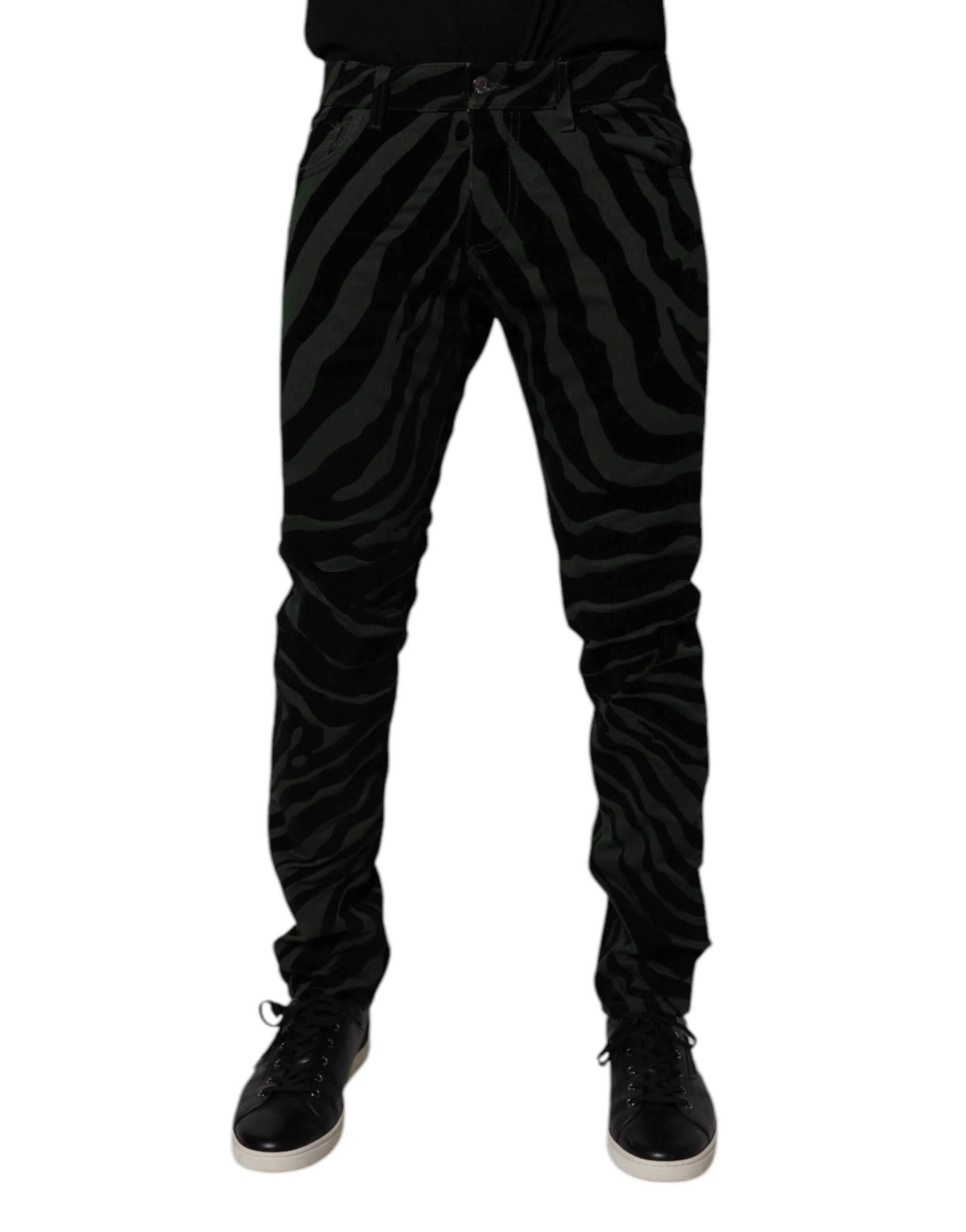 Dolce &amp; Gabbana Black Green Stripes Cotton Skinny Denim Jeans