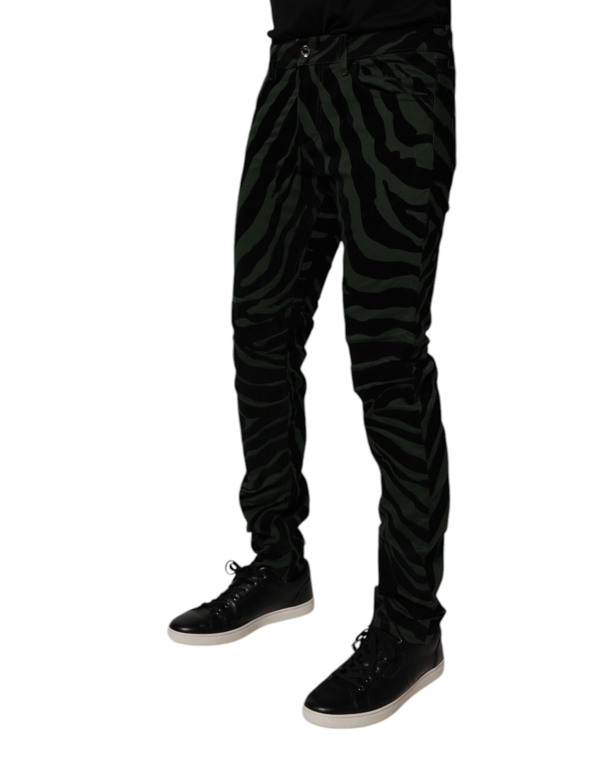 Dolce &amp; Gabbana Black Green Stripes Cotton Skinny Denim Jeans