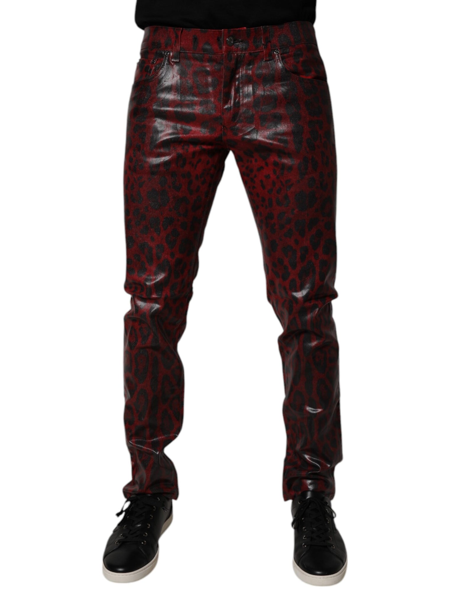 Dolce &amp; Gabbana Red Leopard Cotton Skinny Men Denim Jeans