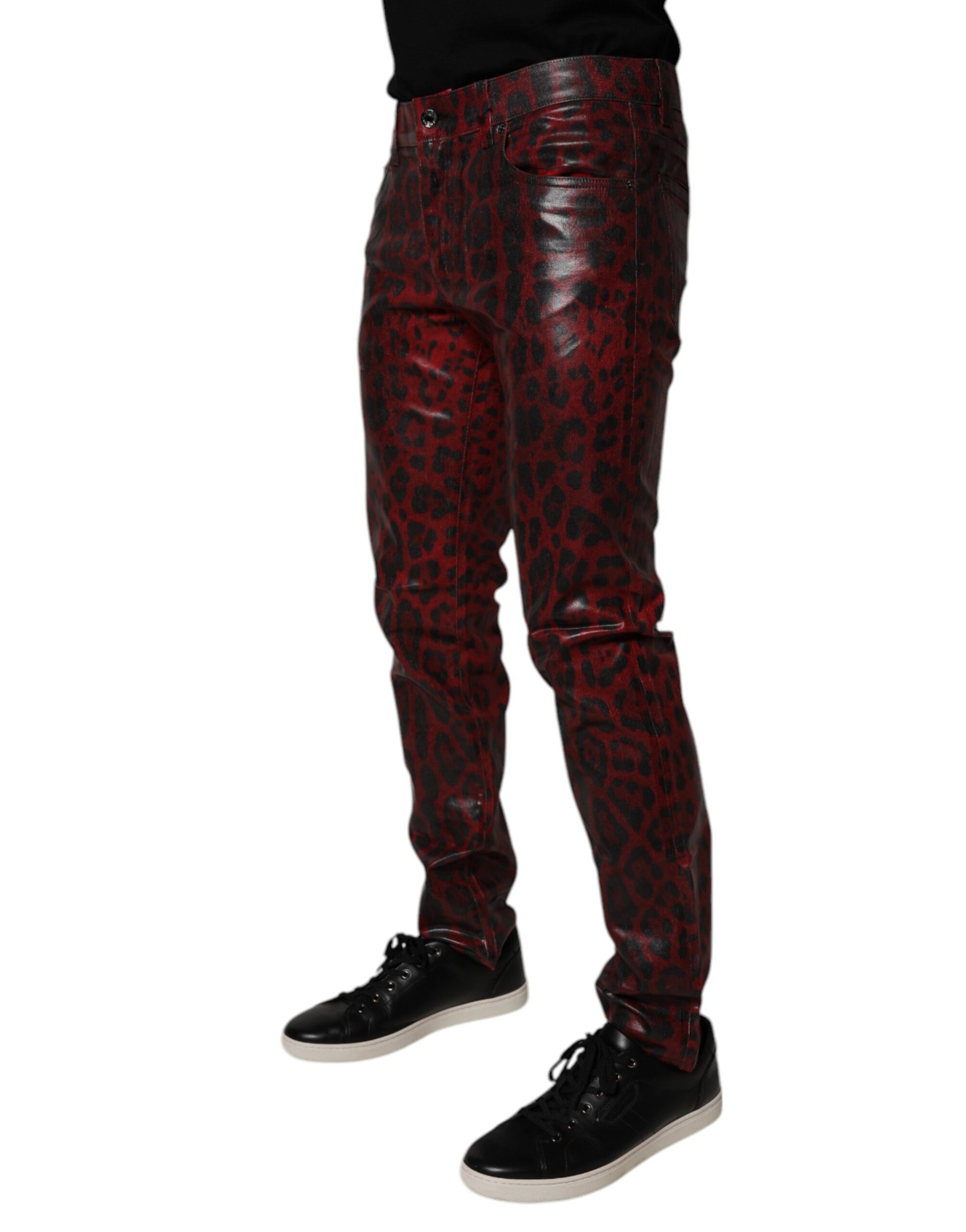 Dolce &amp; Gabbana Red Leopard Cotton Skinny Men Denim Jeans