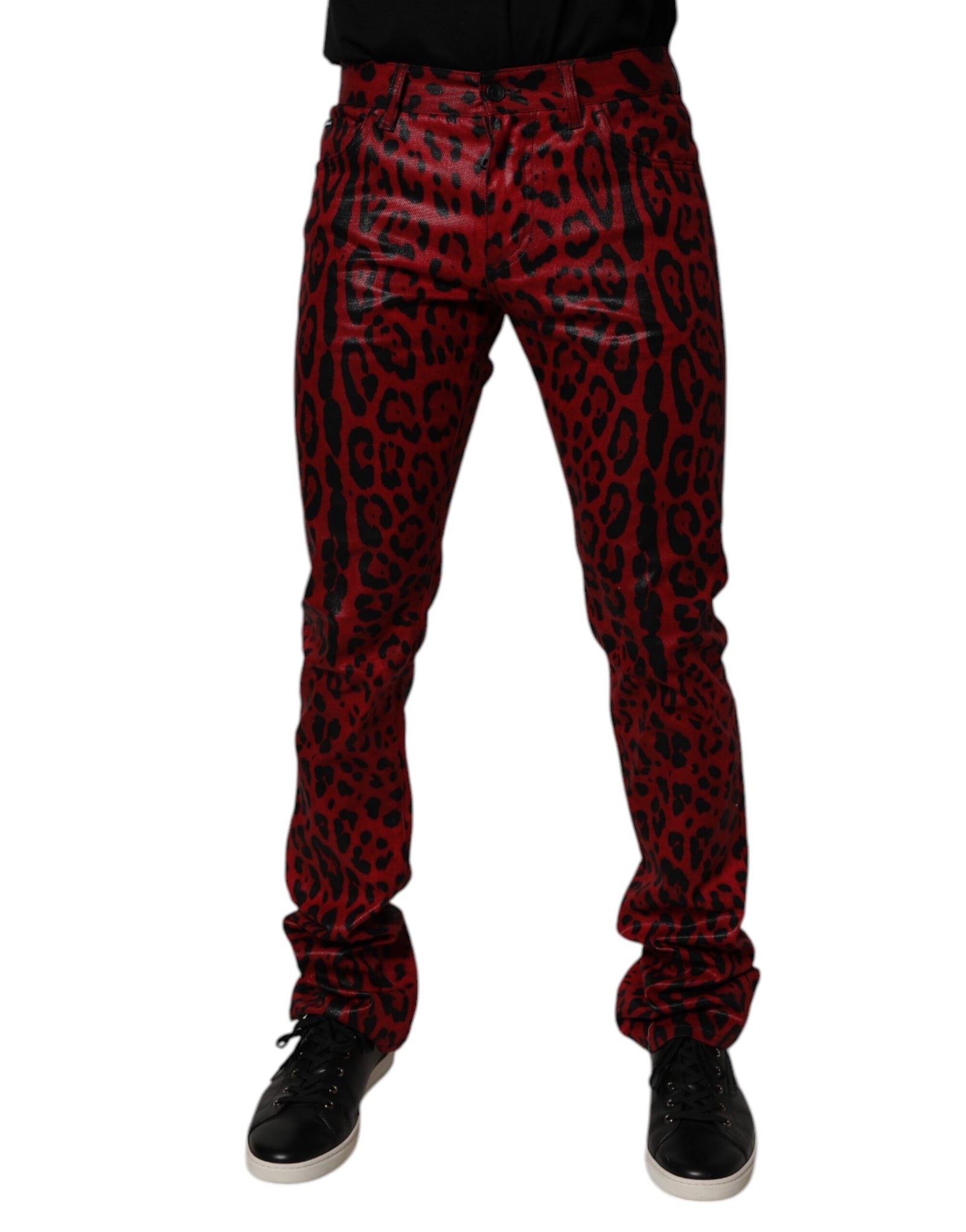 Dolce &amp; Gabbana Red Leopard Cotton Slim Fit Denim Jeans