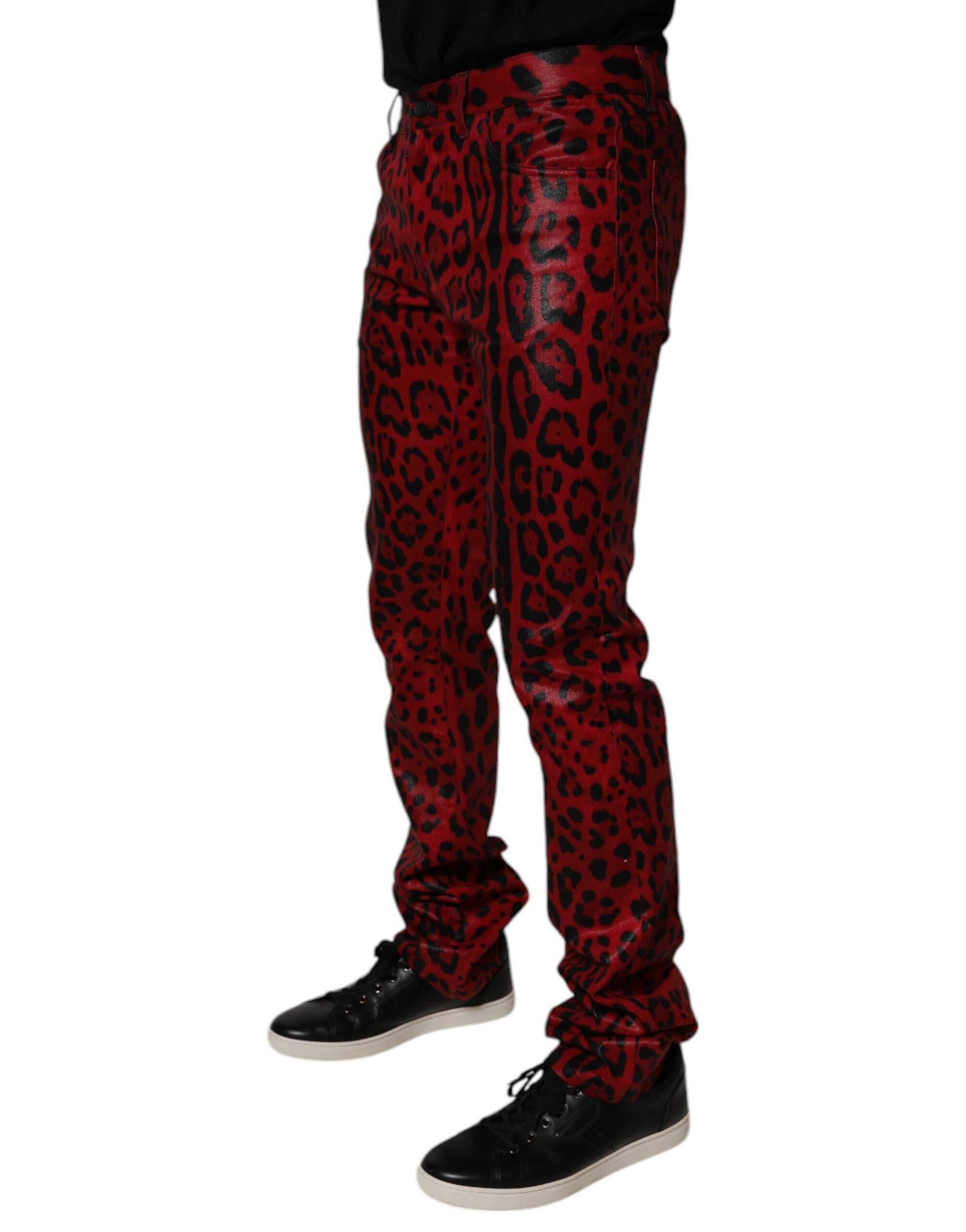 Dolce &amp; Gabbana Red Leopard Cotton Slim Fit Denim Jeans