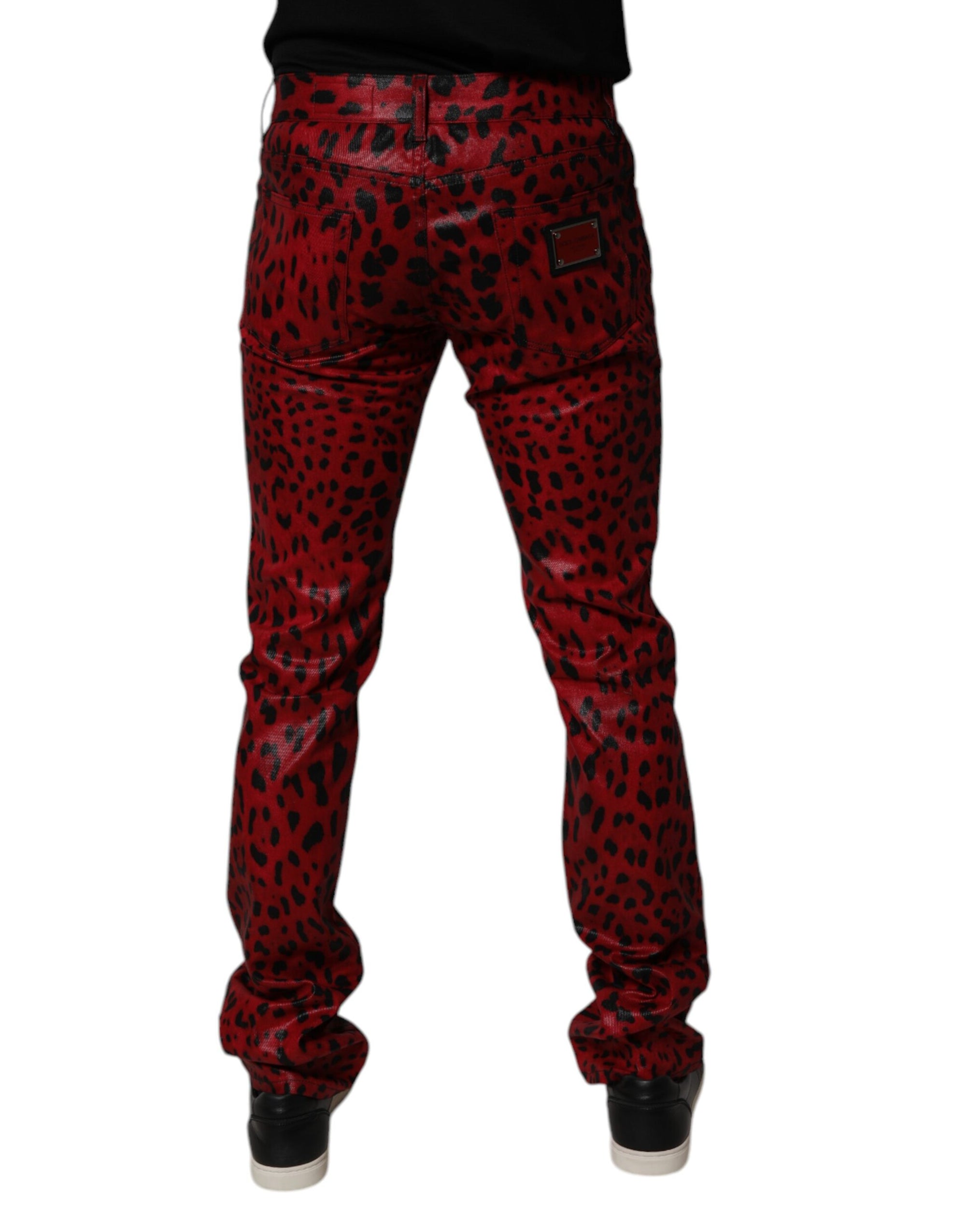 Dolce &amp; Gabbana Red Leopard Cotton Slim Fit Denim Jeans