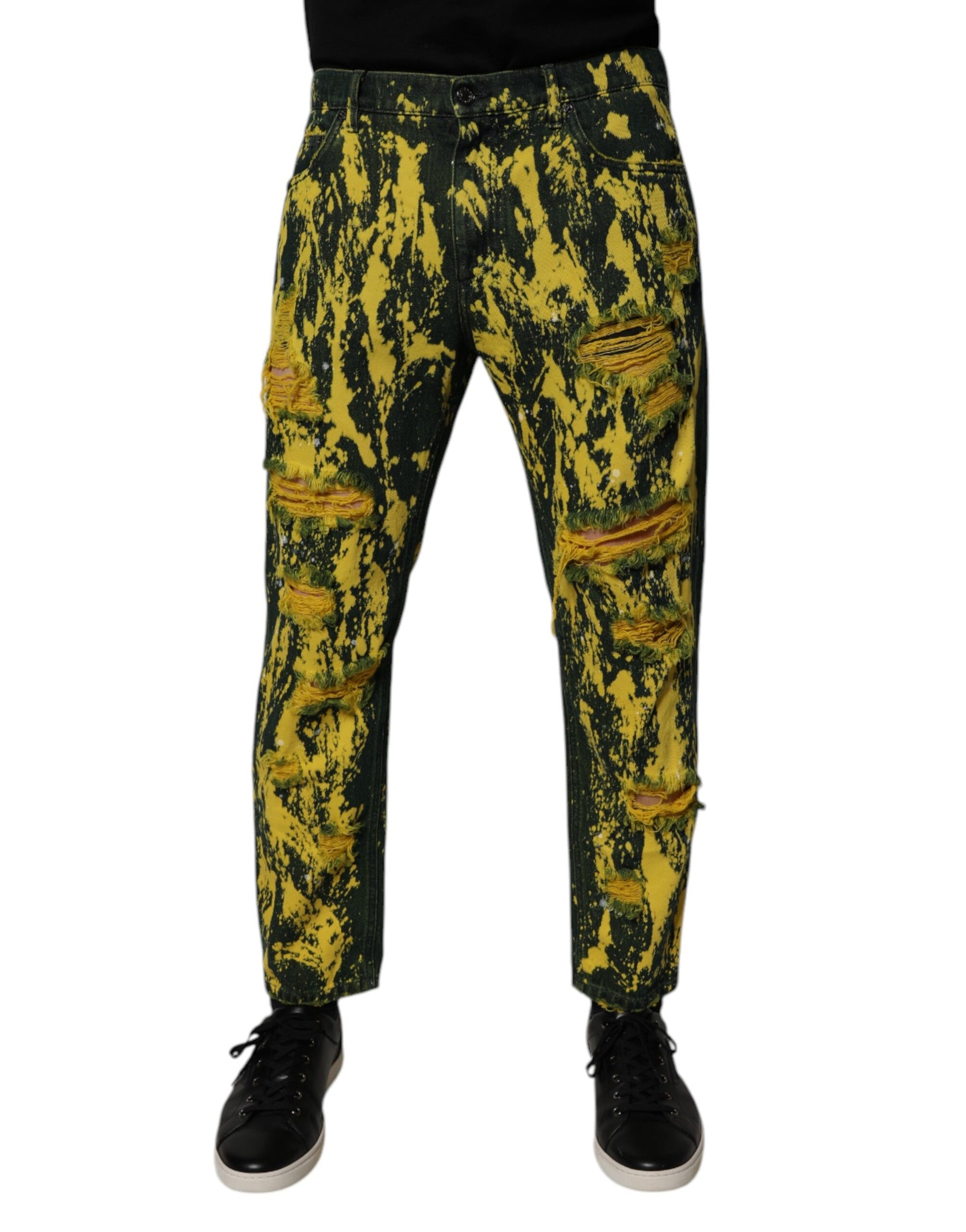 Dolce &amp; Gabbana Black Yellow Tie Dye Tattered Skinny Men Denim Jeans