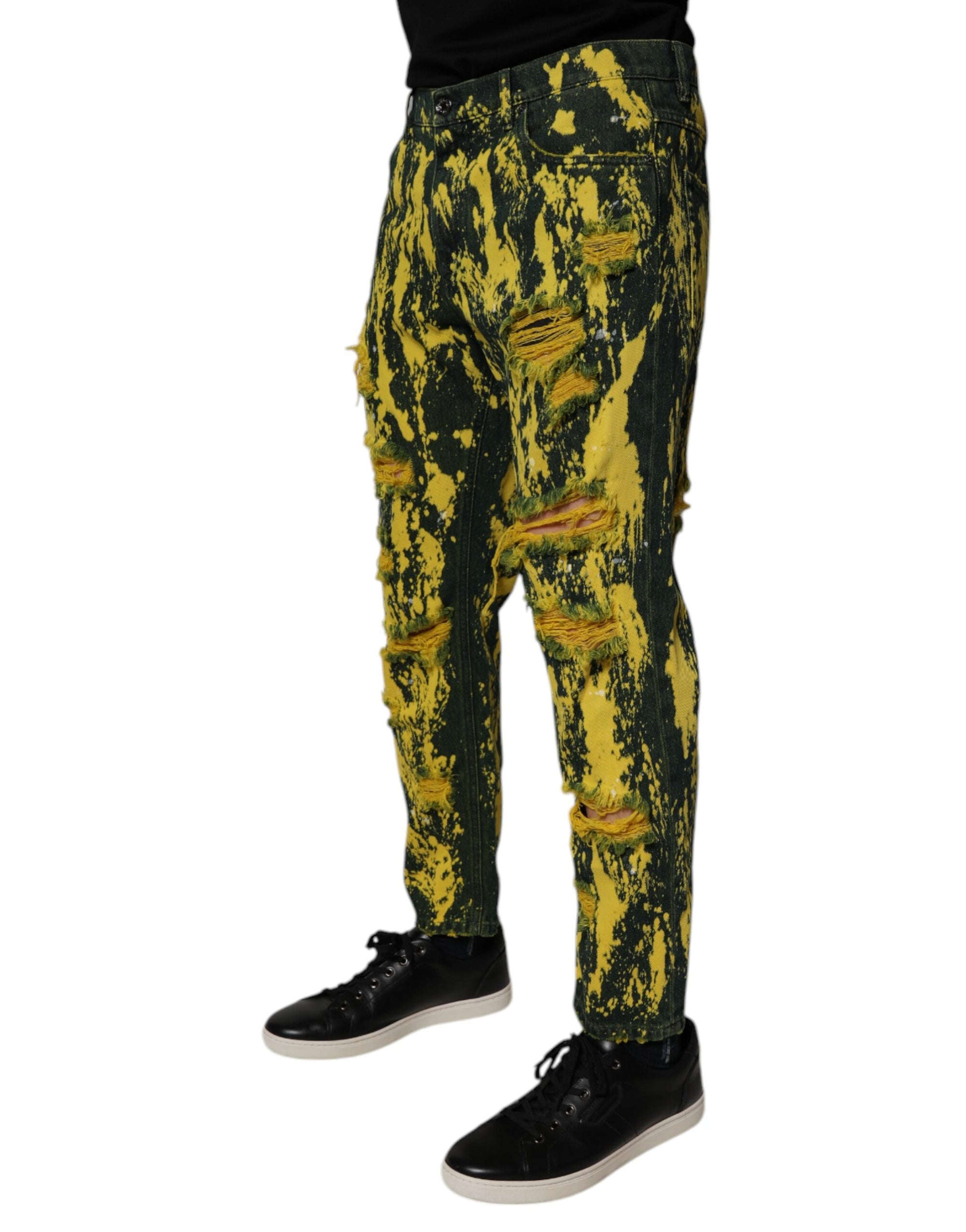 Dolce &amp; Gabbana Black Yellow Tie Dye Tattered Skinny Men Denim Jeans
