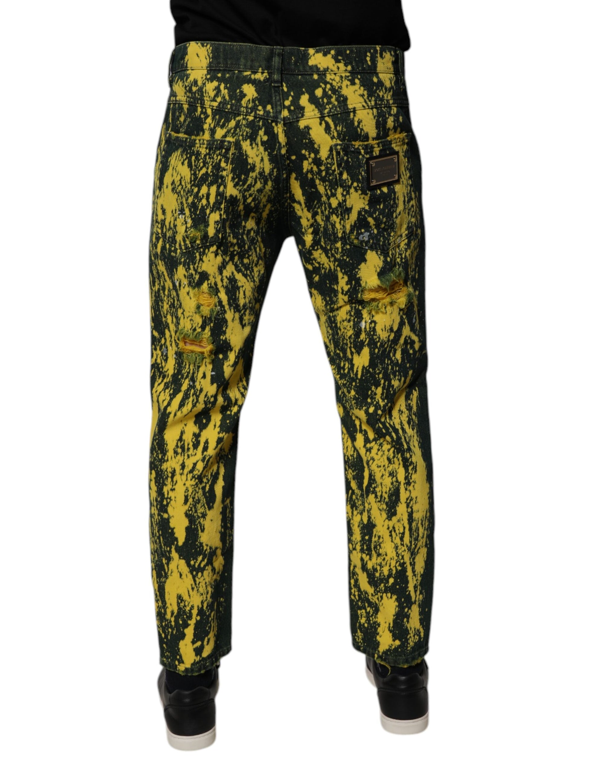 Dolce &amp; Gabbana Black Yellow Tie Dye Tattered Skinny Men Denim Jeans