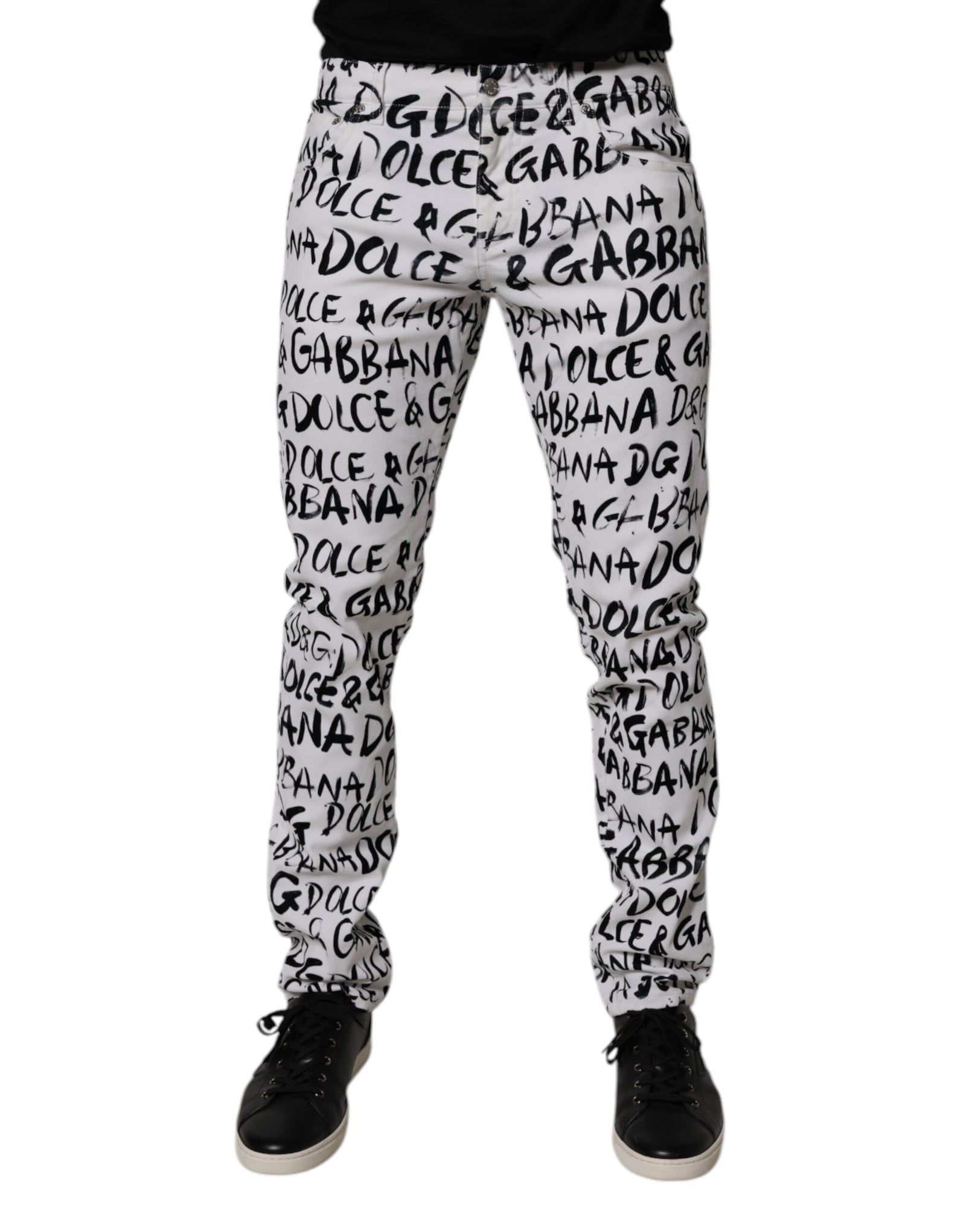 Dolce &amp; Gabbana White Cotton Logo Print Skinny Denim Jeans