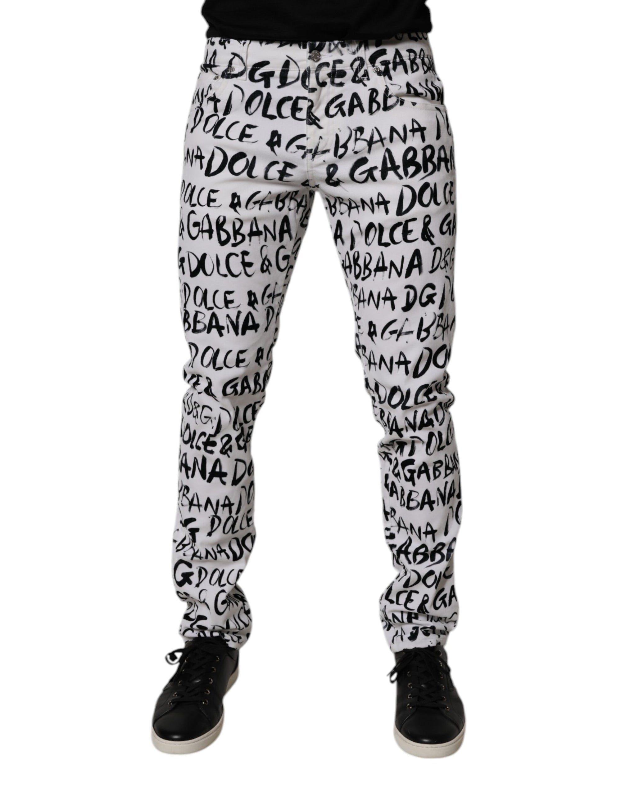 Dolce &amp; Gabbana White Cotton Logo Print Skinny Denim Jeans