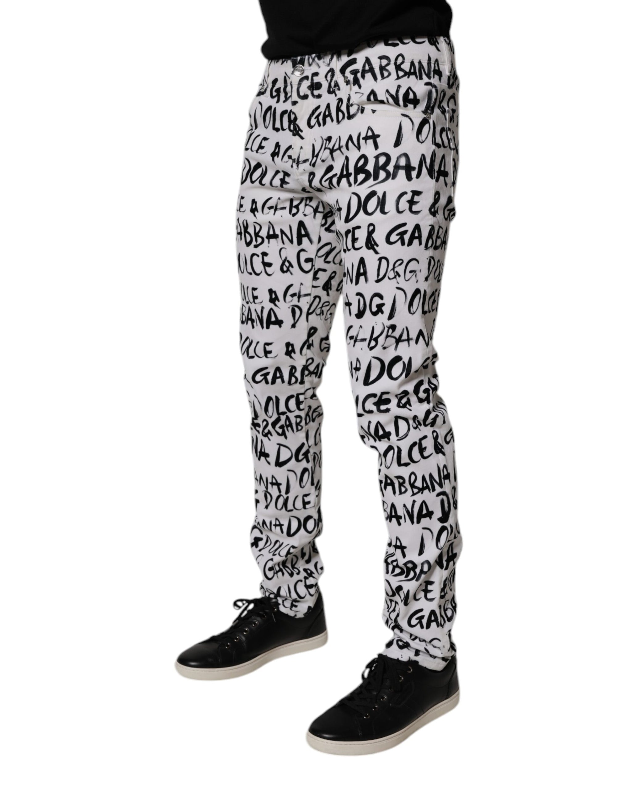 Dolce &amp; Gabbana White Cotton Logo Print Skinny Denim Jeans