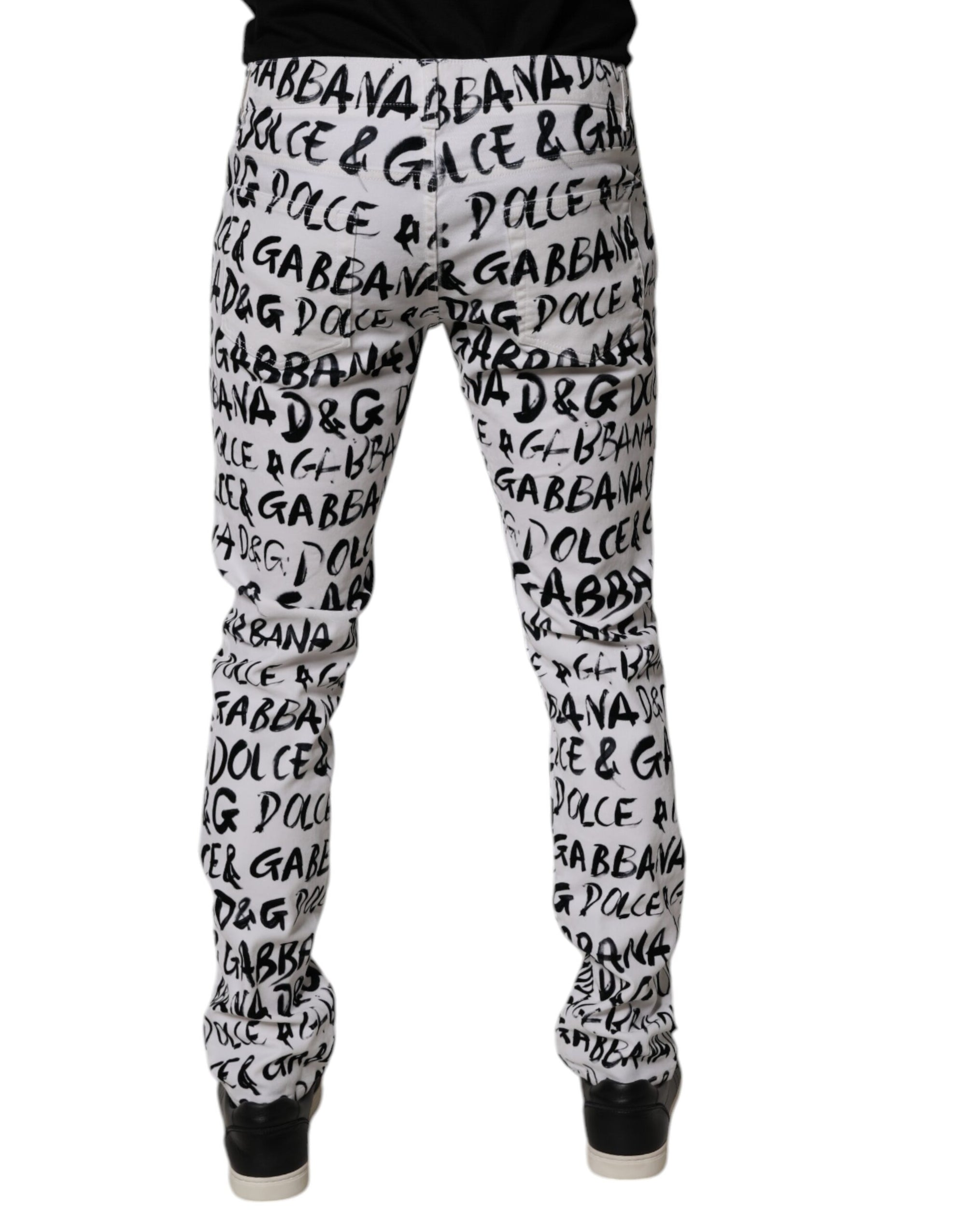 Dolce &amp; Gabbana White Cotton Logo Print Skinny Denim Jeans