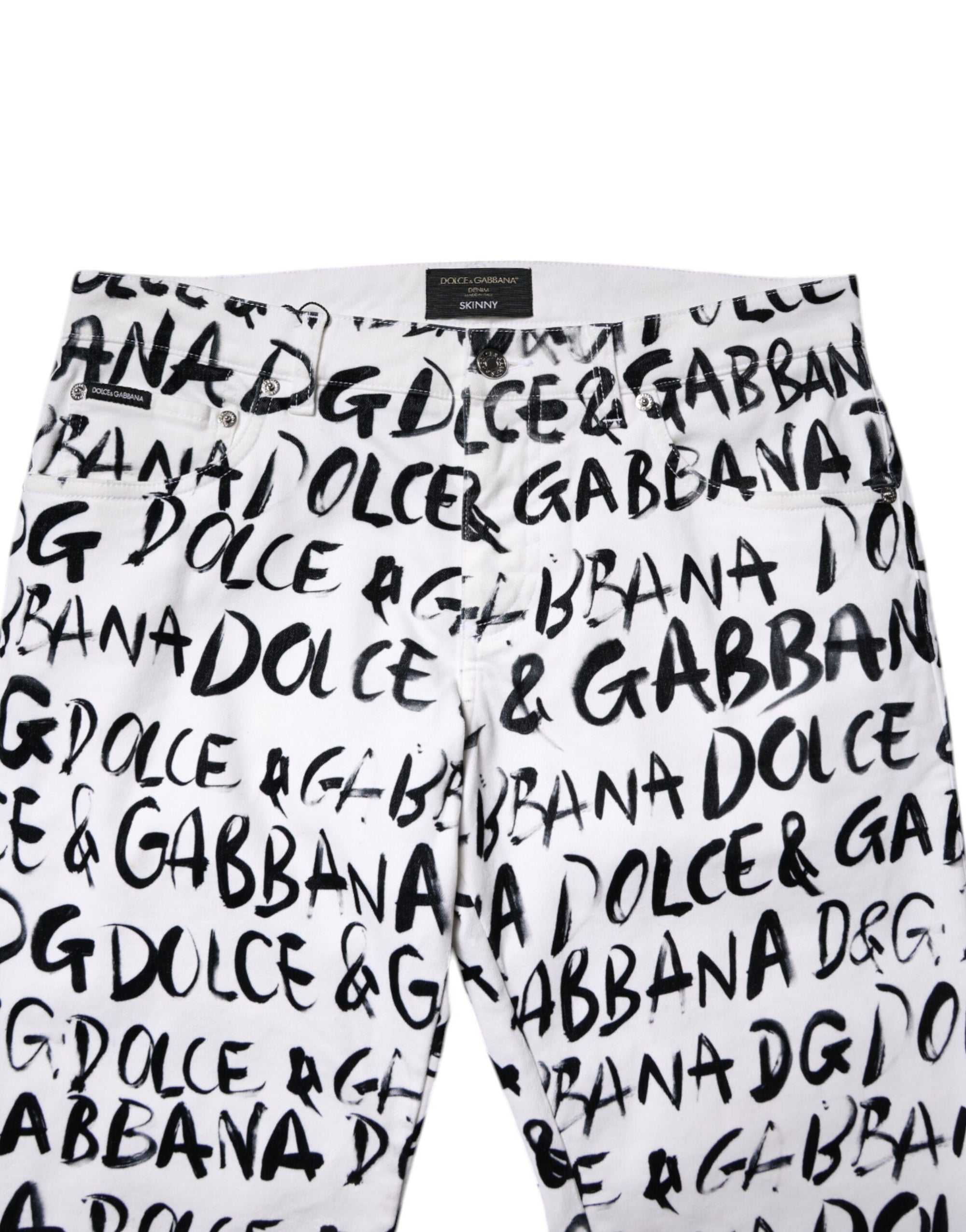 Dolce &amp; Gabbana White Cotton Logo Print Skinny Denim Jeans