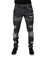 Dolce &amp; Gabbana Dark Gray Tattered Cotton Skinny Denim Jeans