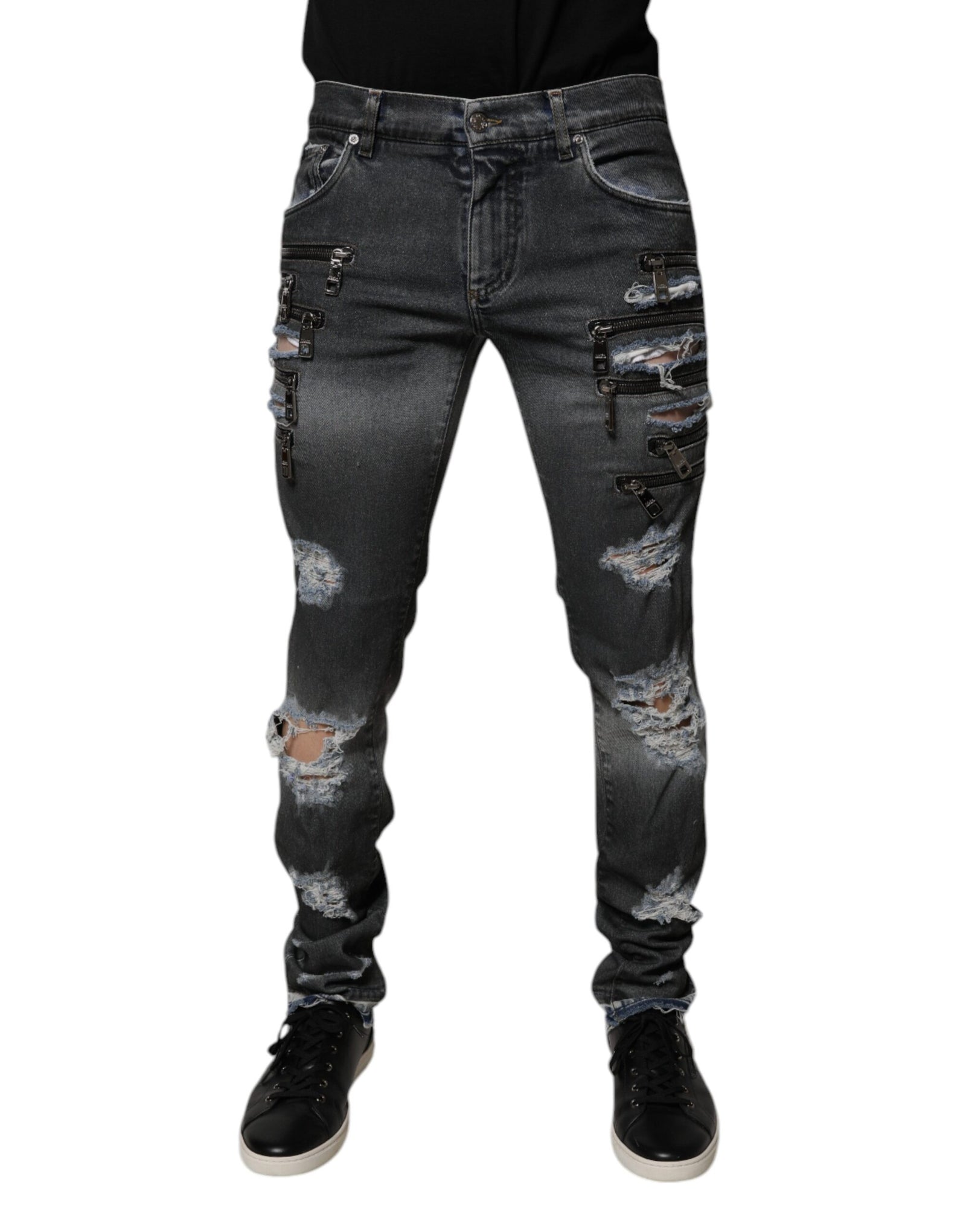 Dolce &amp; Gabbana Dark Gray Tattered Cotton Skinny Denim Jeans