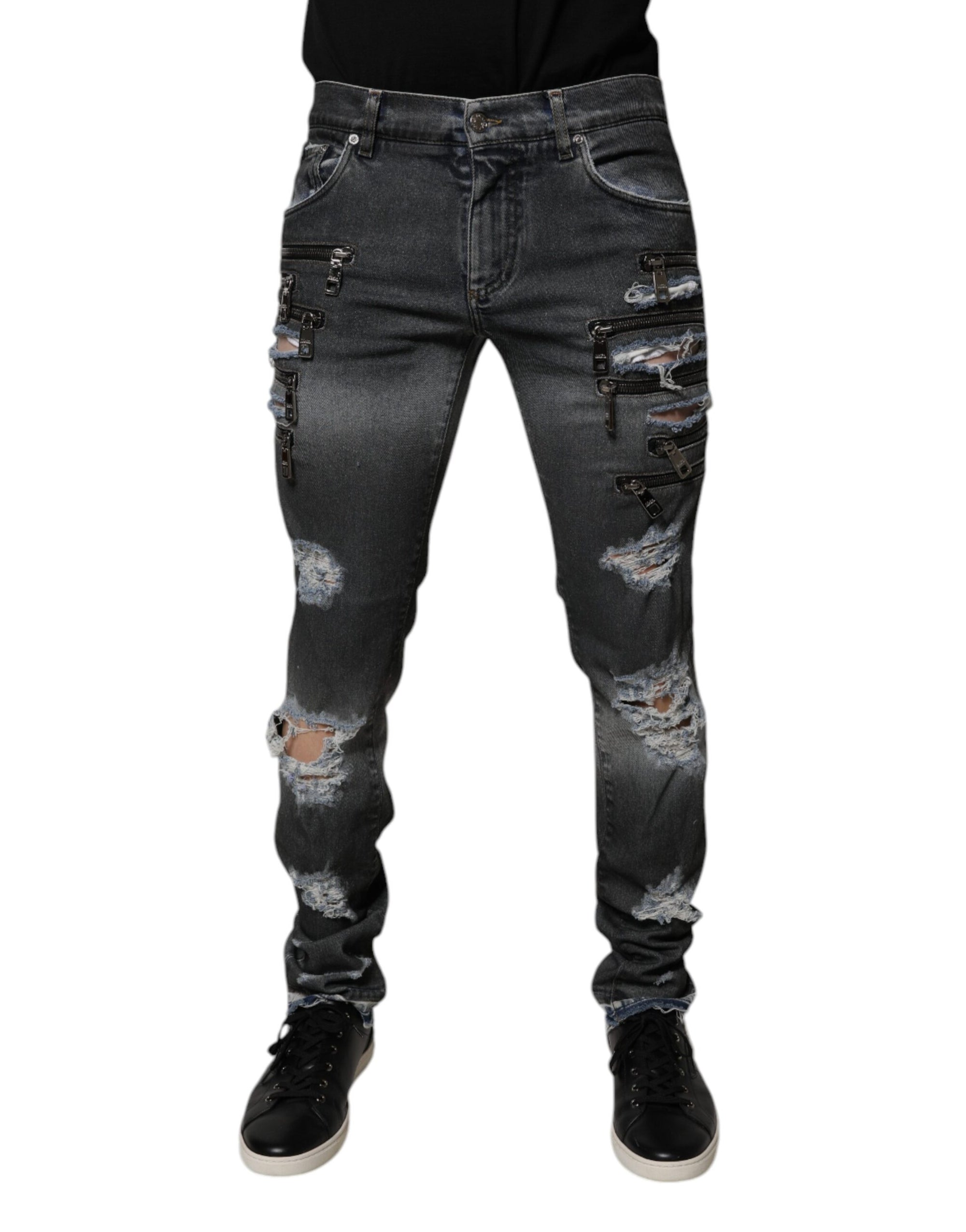 Dolce &amp; Gabbana Dark Gray Tattered Cotton Skinny Denim Jeans