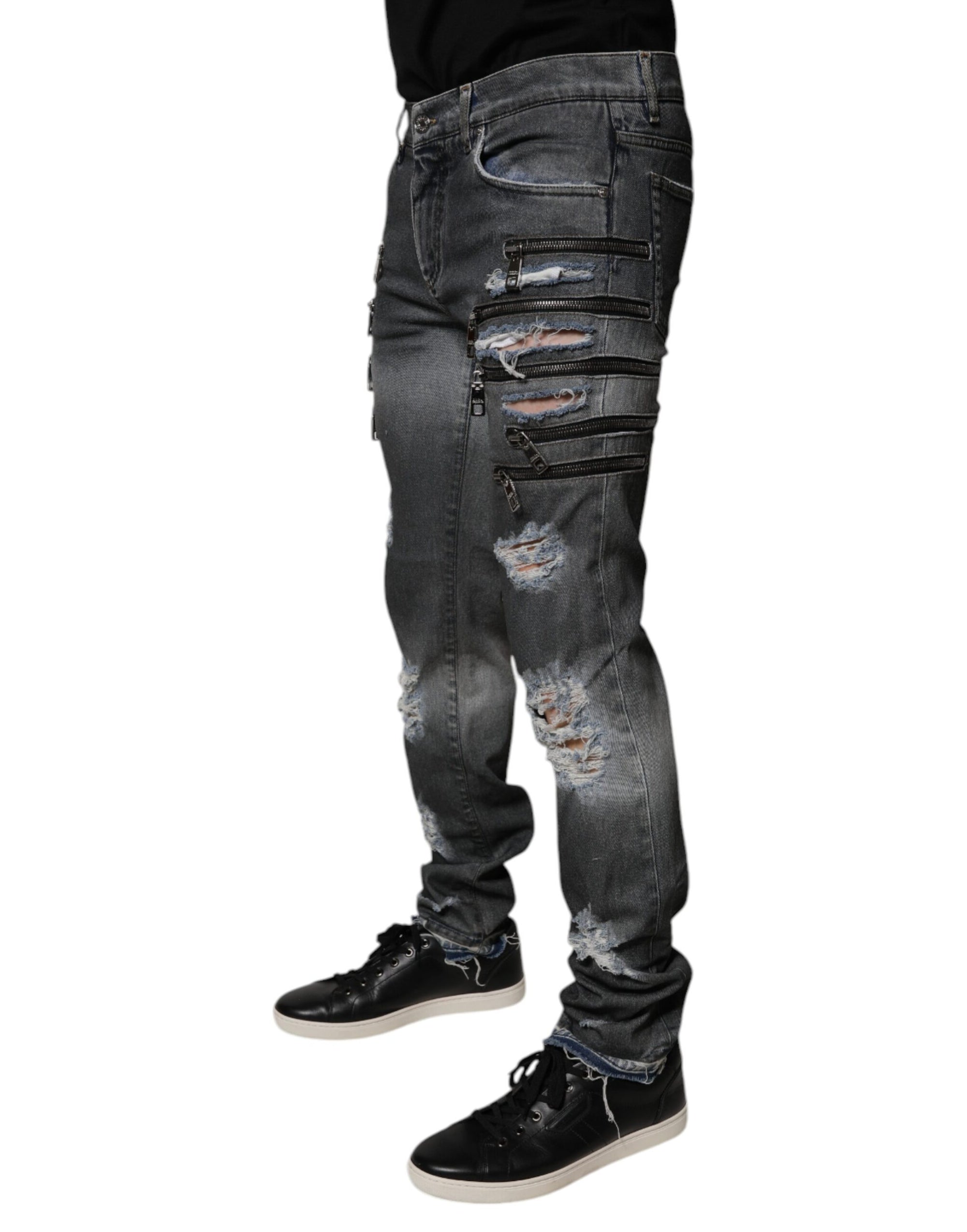 Dolce &amp; Gabbana Dark Gray Tattered Cotton Skinny Denim Jeans