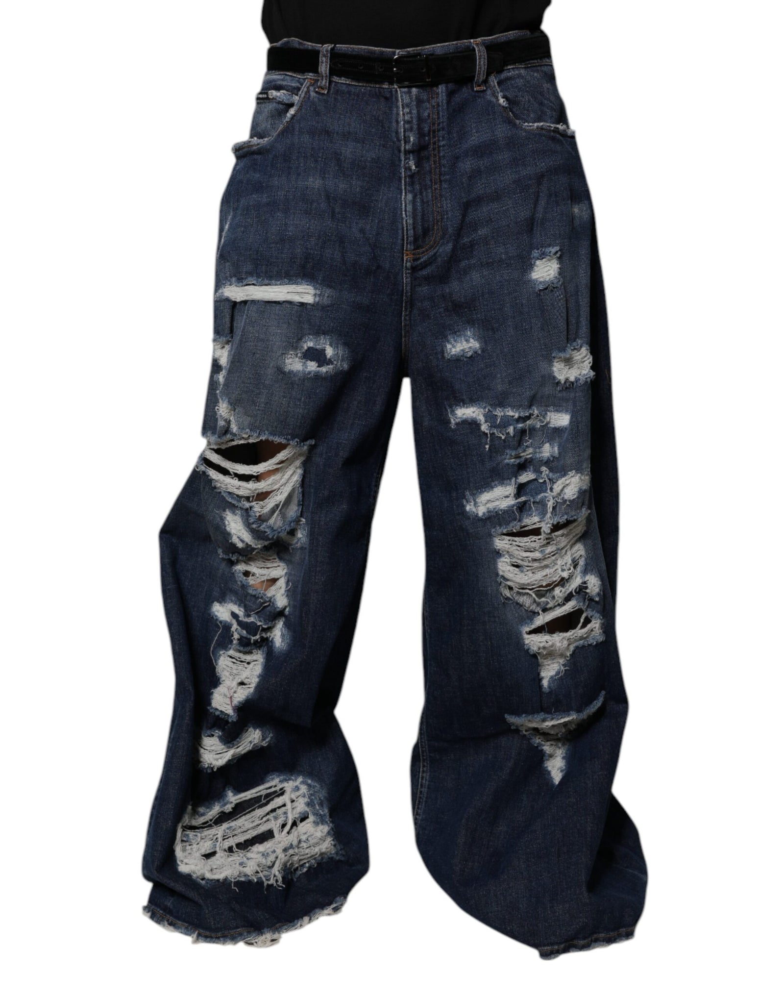Dolce &amp; Gabbana Dark Blue Tattered Wide Leg Men Denim Jeans