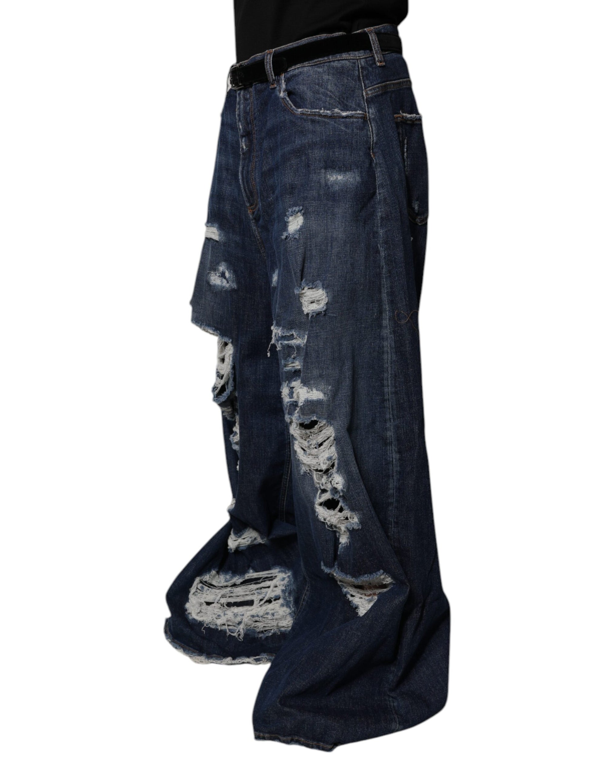 Dolce &amp; Gabbana Dark Blue Tattered Wide Leg Men Denim Jeans