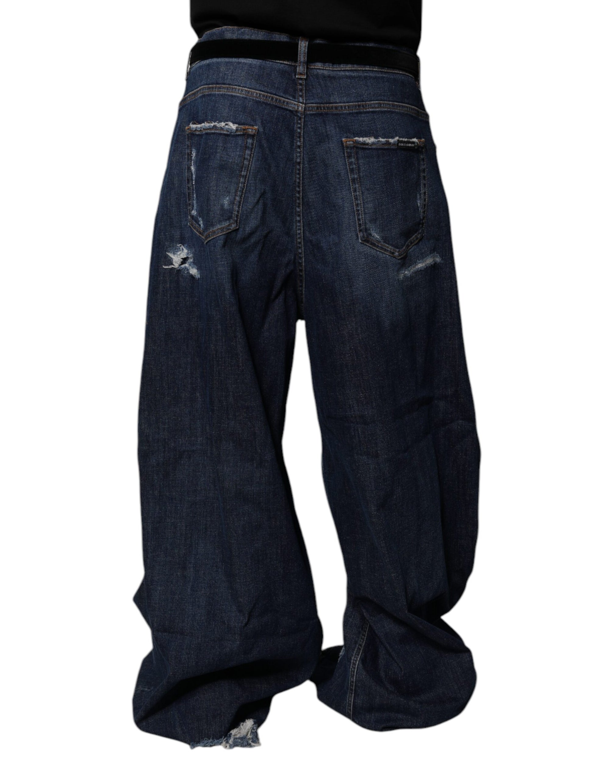 Dolce &amp; Gabbana Dark Blue Tattered Wide Leg Men Denim Jeans
