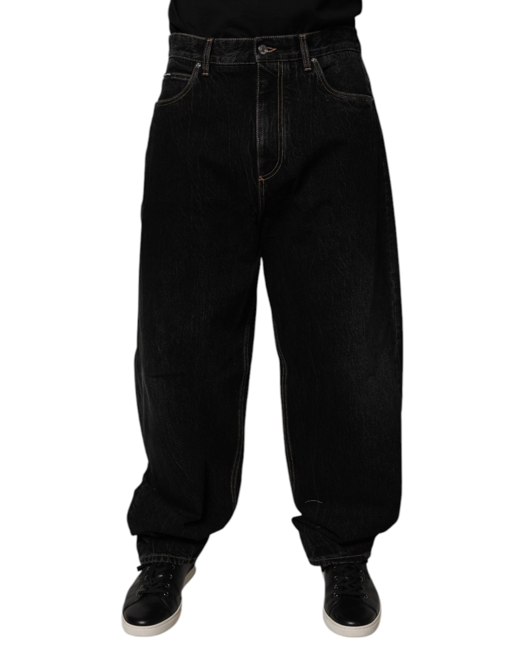 Dolce &amp; Gabbana Black Cotton Mid Waist Wide Leg Denim Jeans