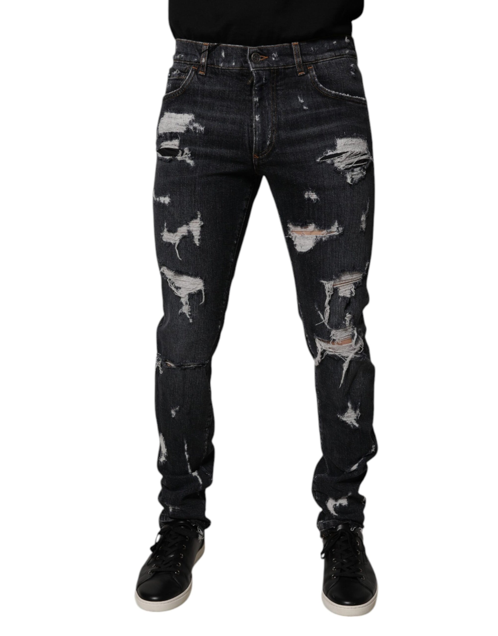 Dolce &amp; Gabbana Black Tattered Cotton Skinny Men Denim Jeans