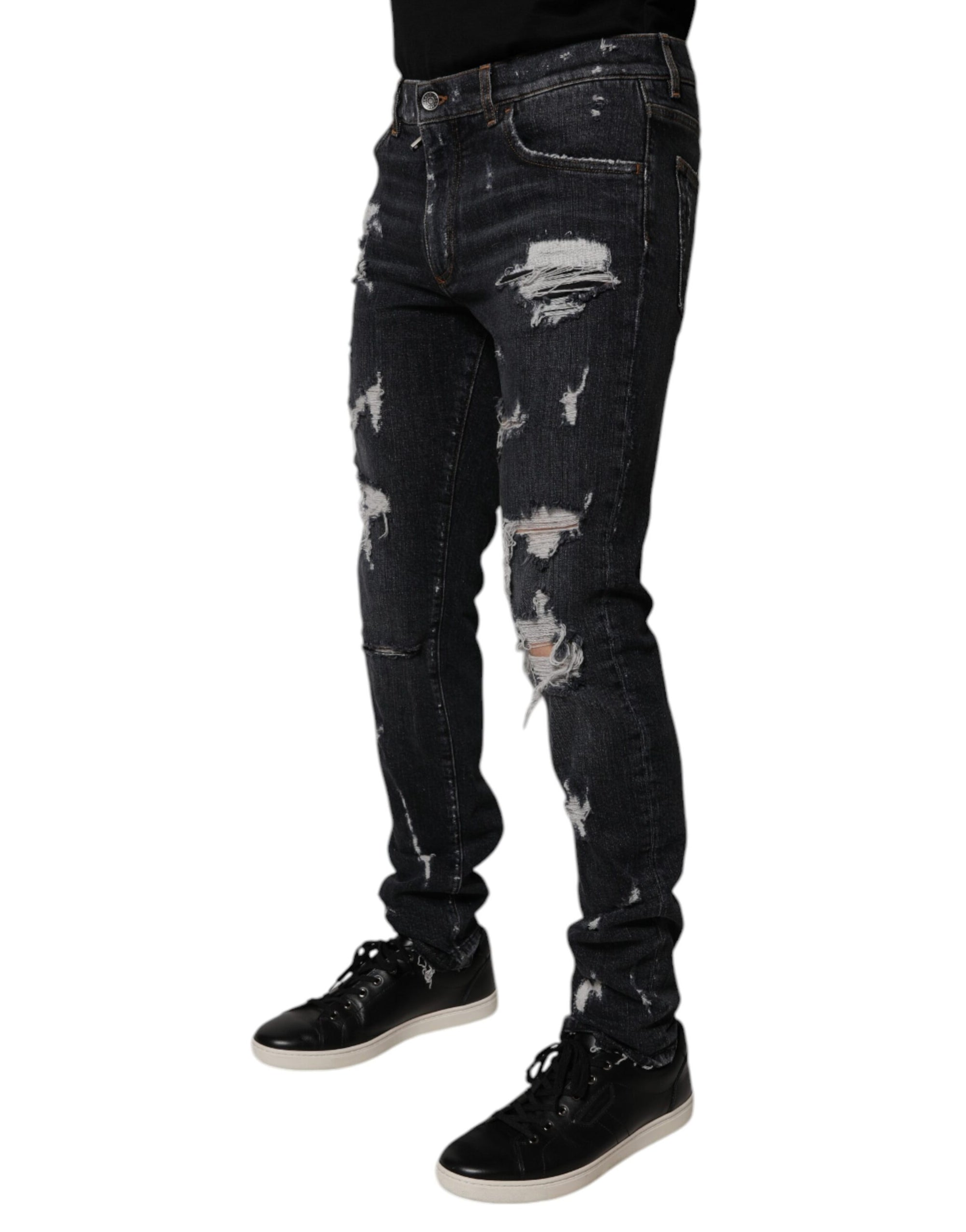 Dolce &amp; Gabbana Black Tattered Cotton Skinny Men Denim Jeans