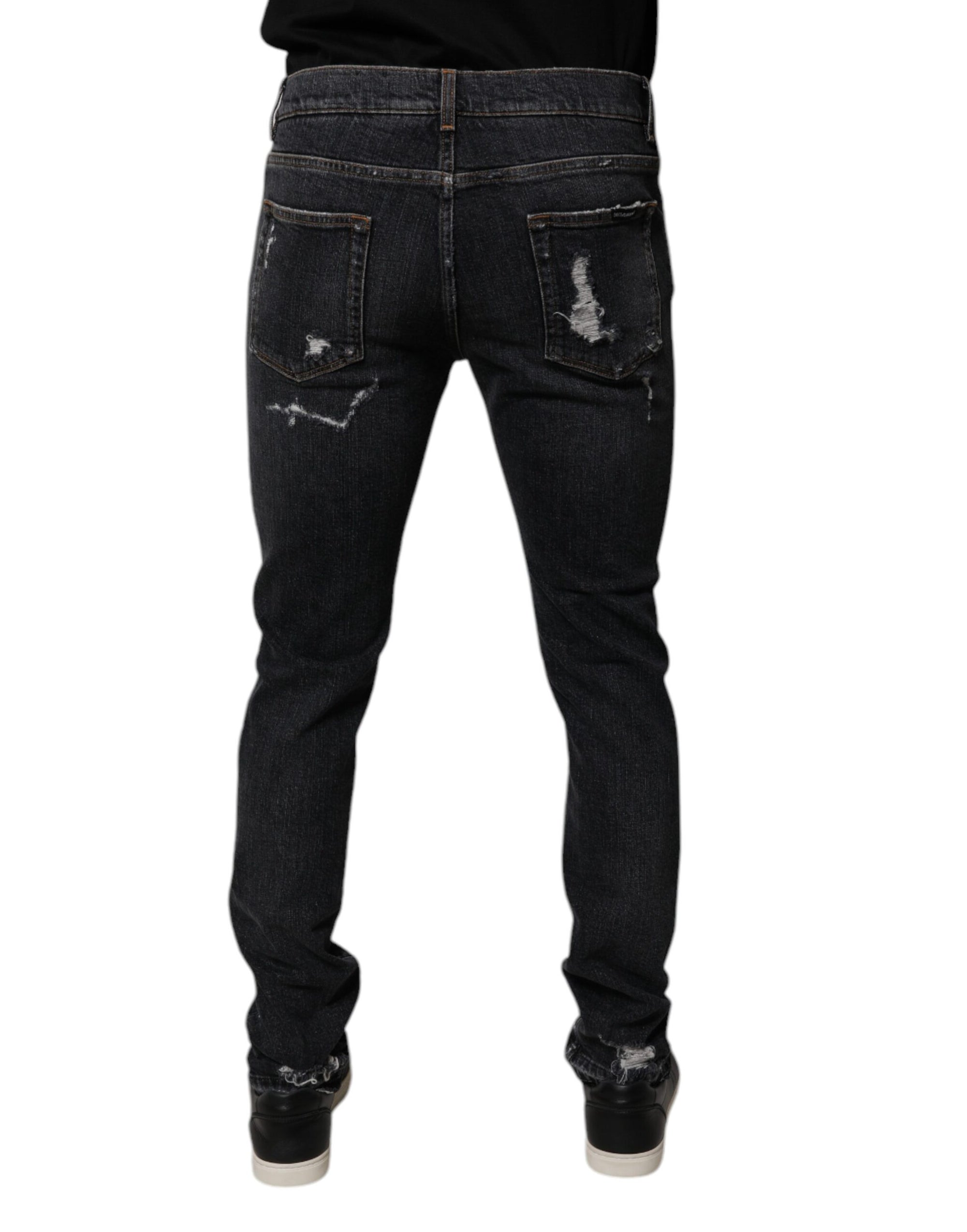 Dolce &amp; Gabbana Black Tattered Cotton Skinny Men Denim Jeans