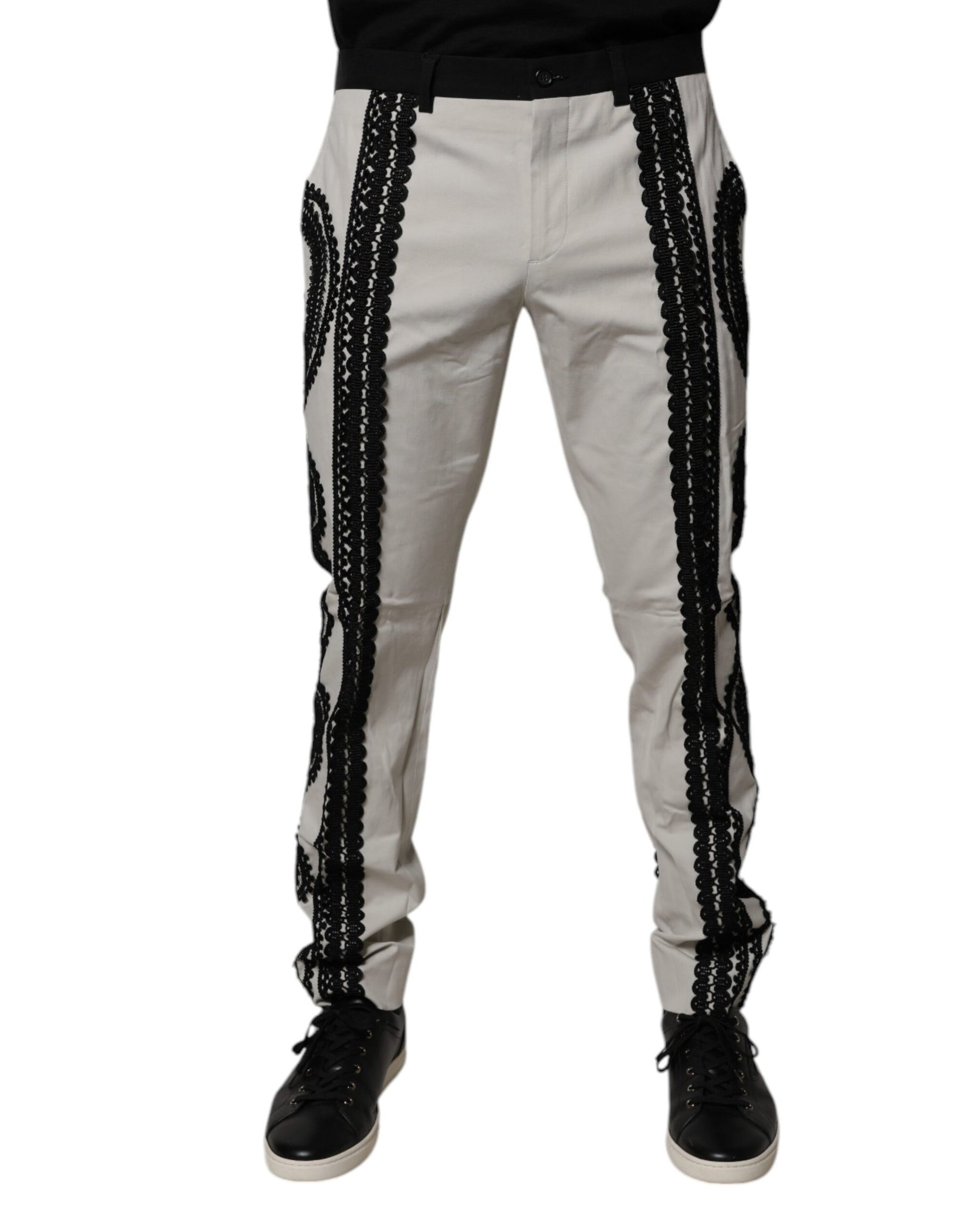 Dolce &amp; Gabbana White Lace Trim Mid Waist Dress Formal Pants