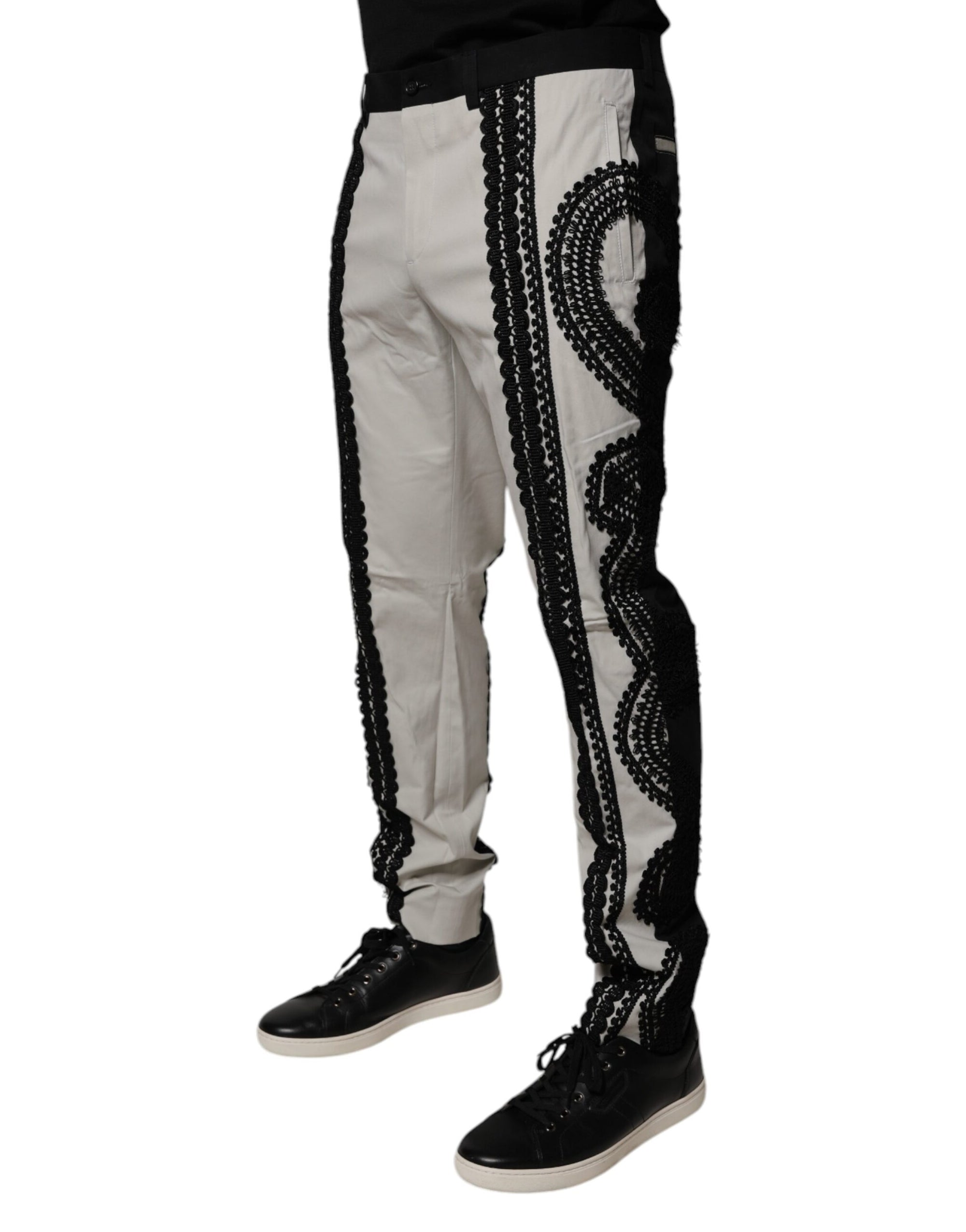 Dolce &amp; Gabbana White Lace Trim Mid Waist Dress Formal Pants