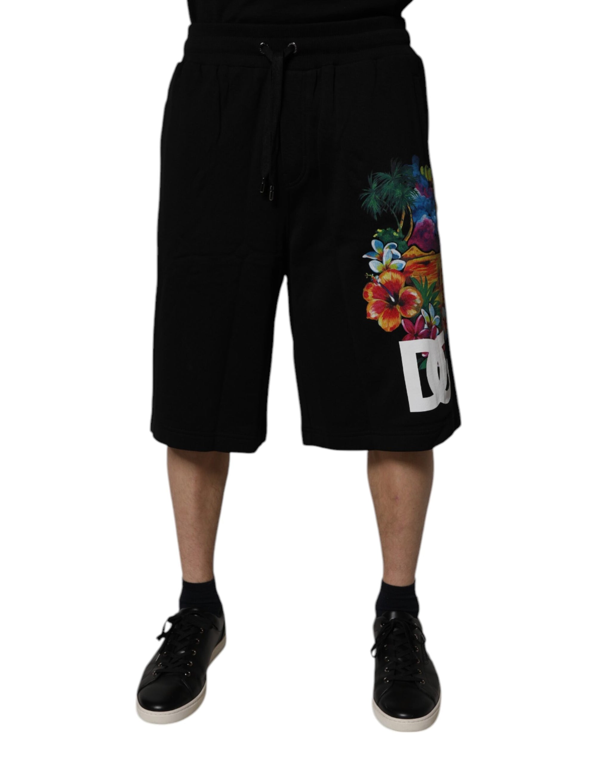 Dolce &amp; Gabbana Black Cotton Logo Floral Print Bermuda Shorts