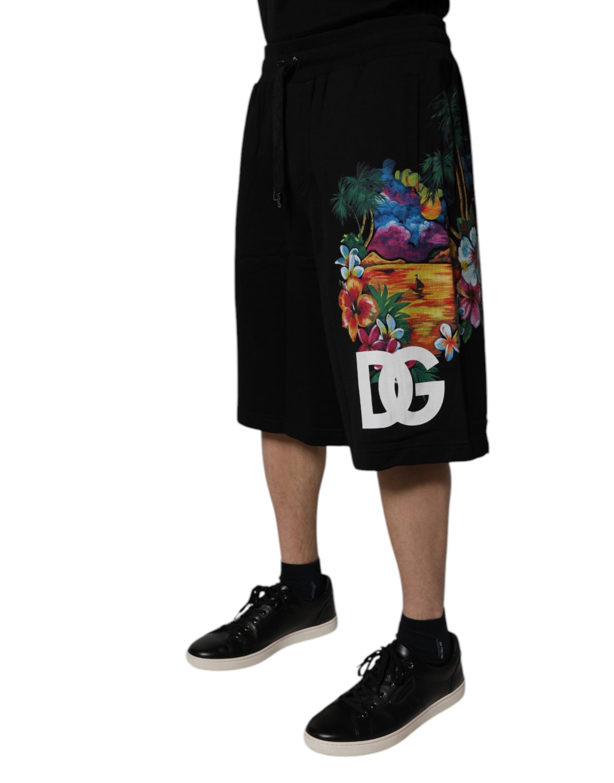 Dolce &amp; Gabbana Black Cotton Logo Floral Print Bermuda Shorts