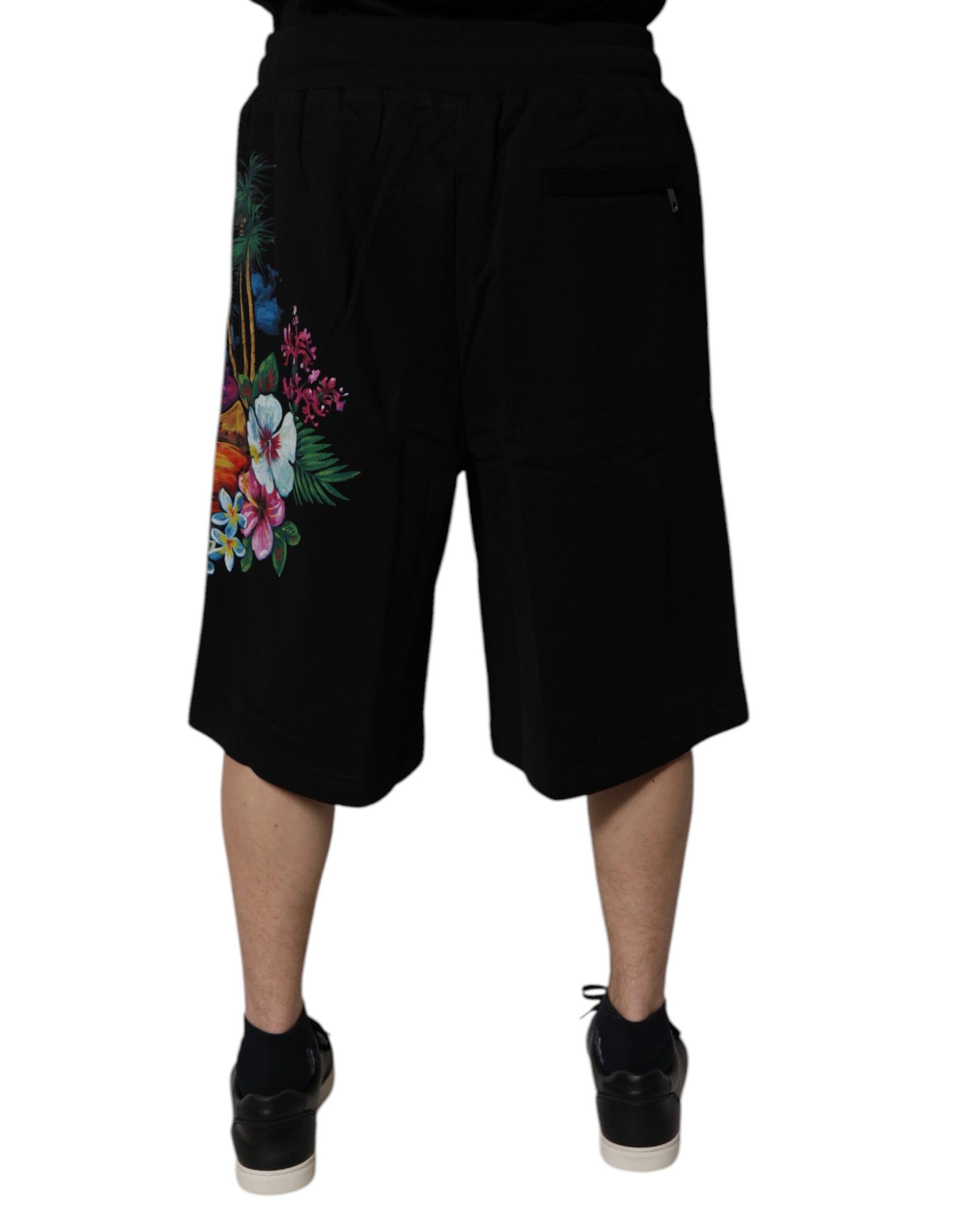 Dolce &amp; Gabbana Black Cotton Logo Floral Print Bermuda Shorts