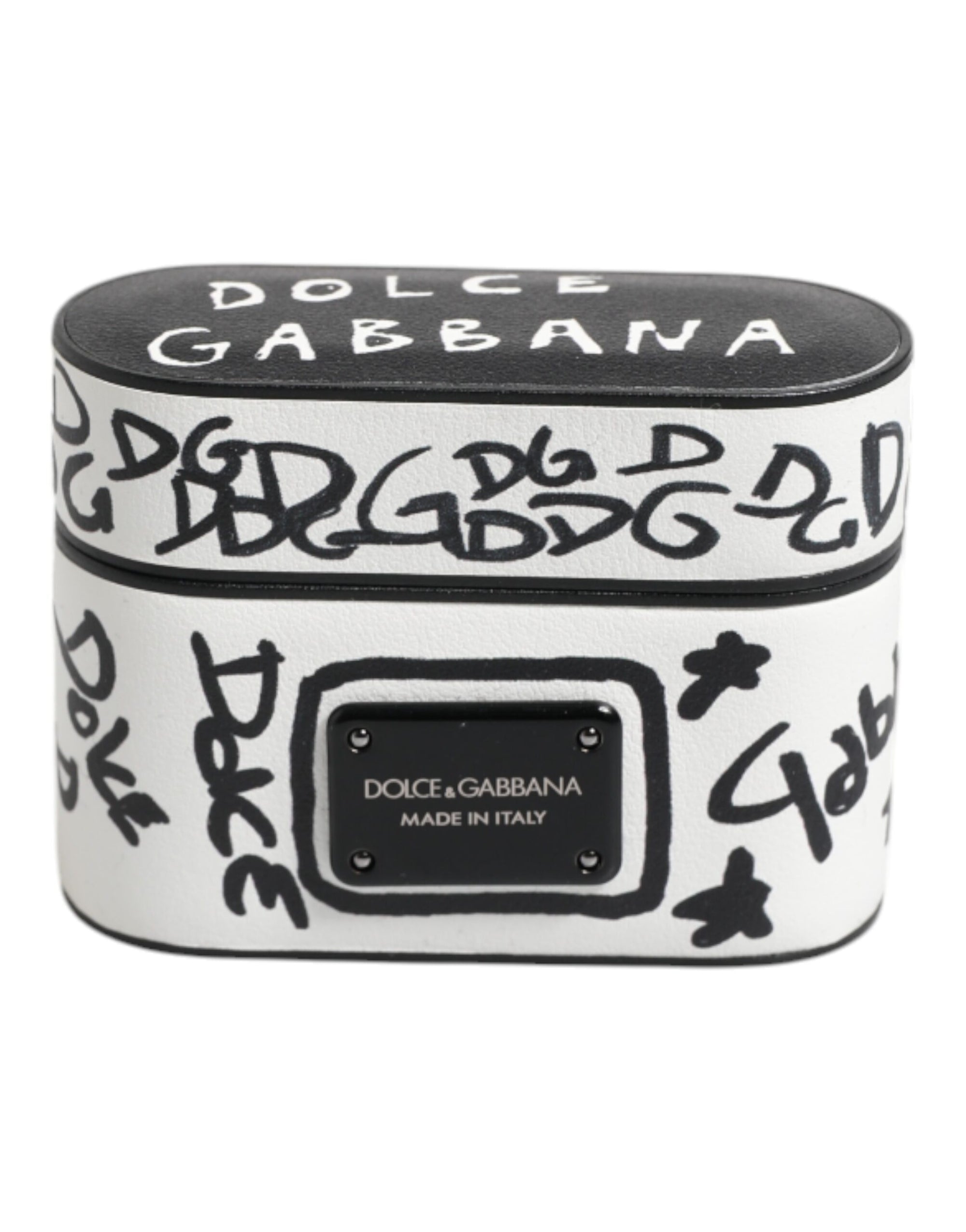 Étui pour Airpods Dolce & Gabbana en cuir noir et blanc avec logo en relief