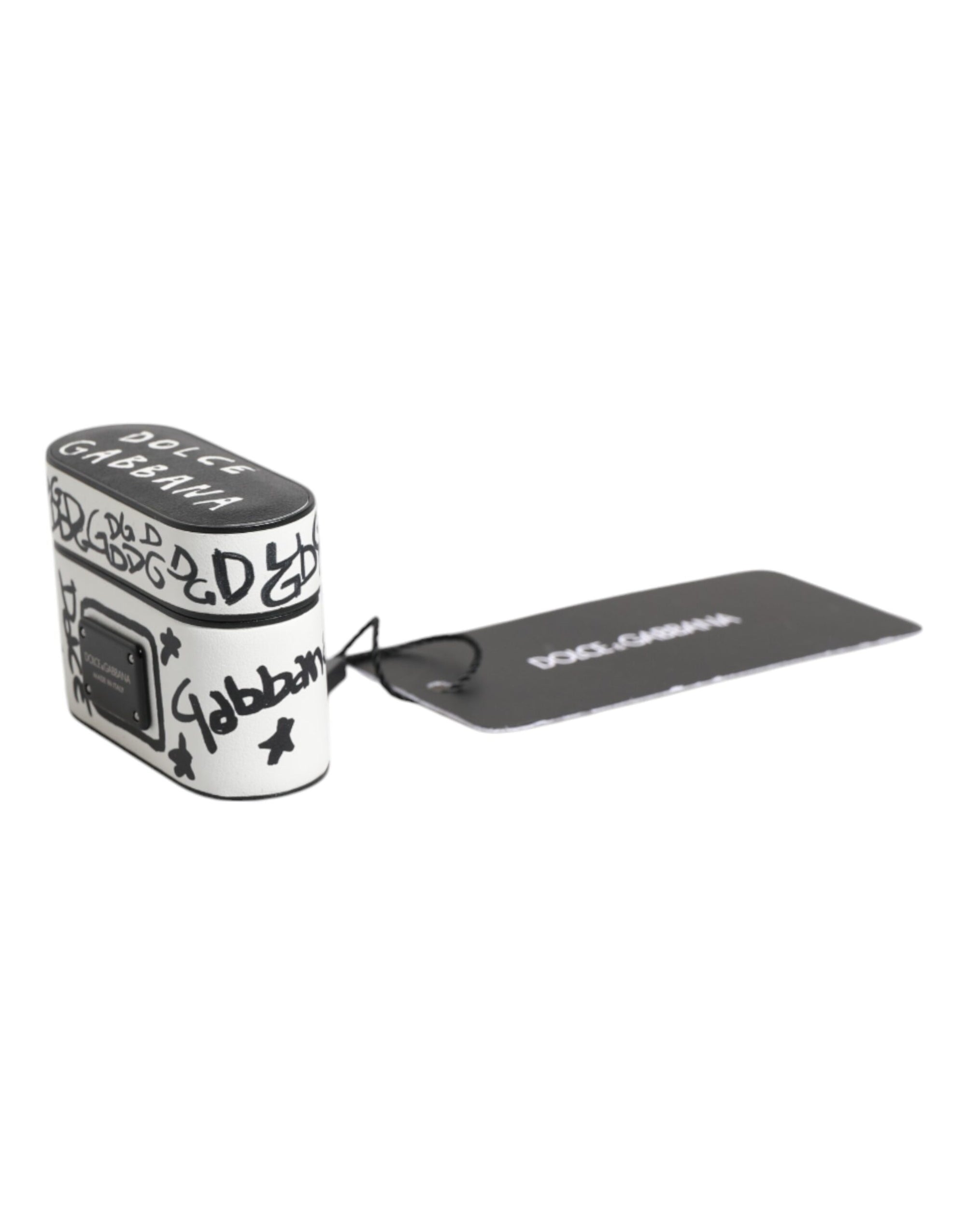 Étui pour Airpods Dolce & Gabbana en cuir noir et blanc avec logo en relief