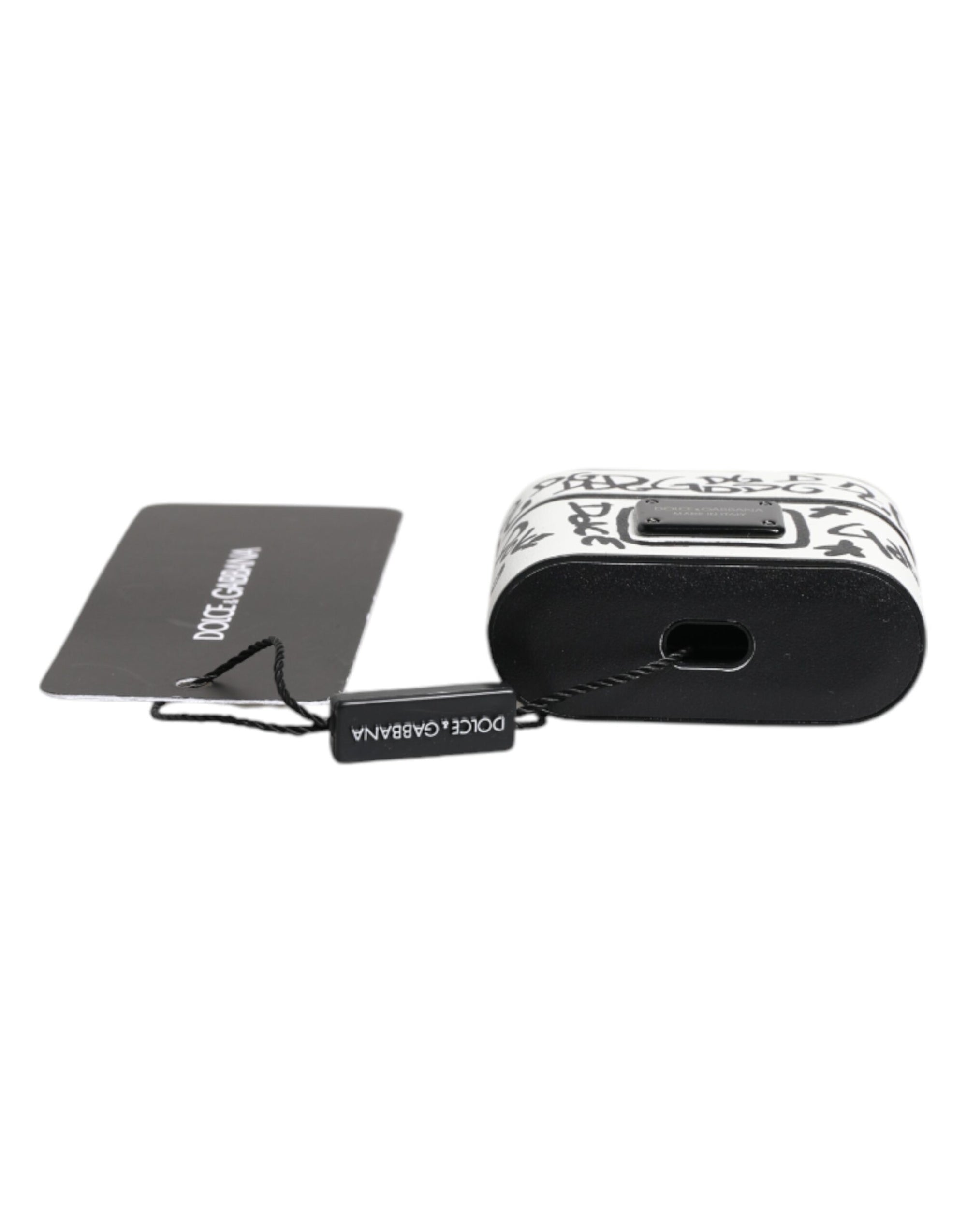 Étui pour Airpods Dolce & Gabbana en cuir noir et blanc avec logo en relief