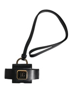 Dolce &amp; Gabbana Black Leather Strap Gold Metal Logo Plaque Airpods Case