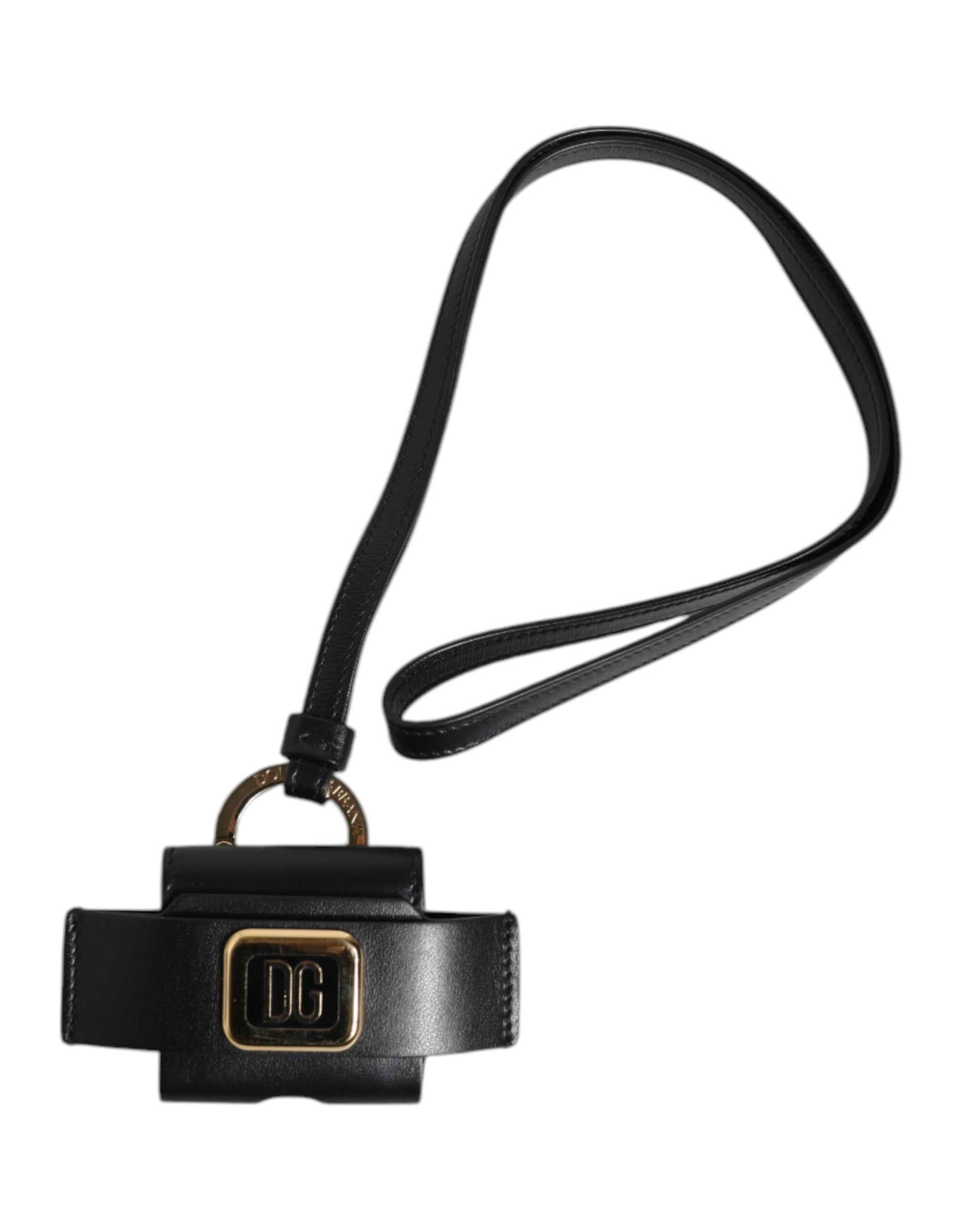 Dolce &amp; Gabbana Black Leather Strap Gold Metal Logo Plaque Airpods Case