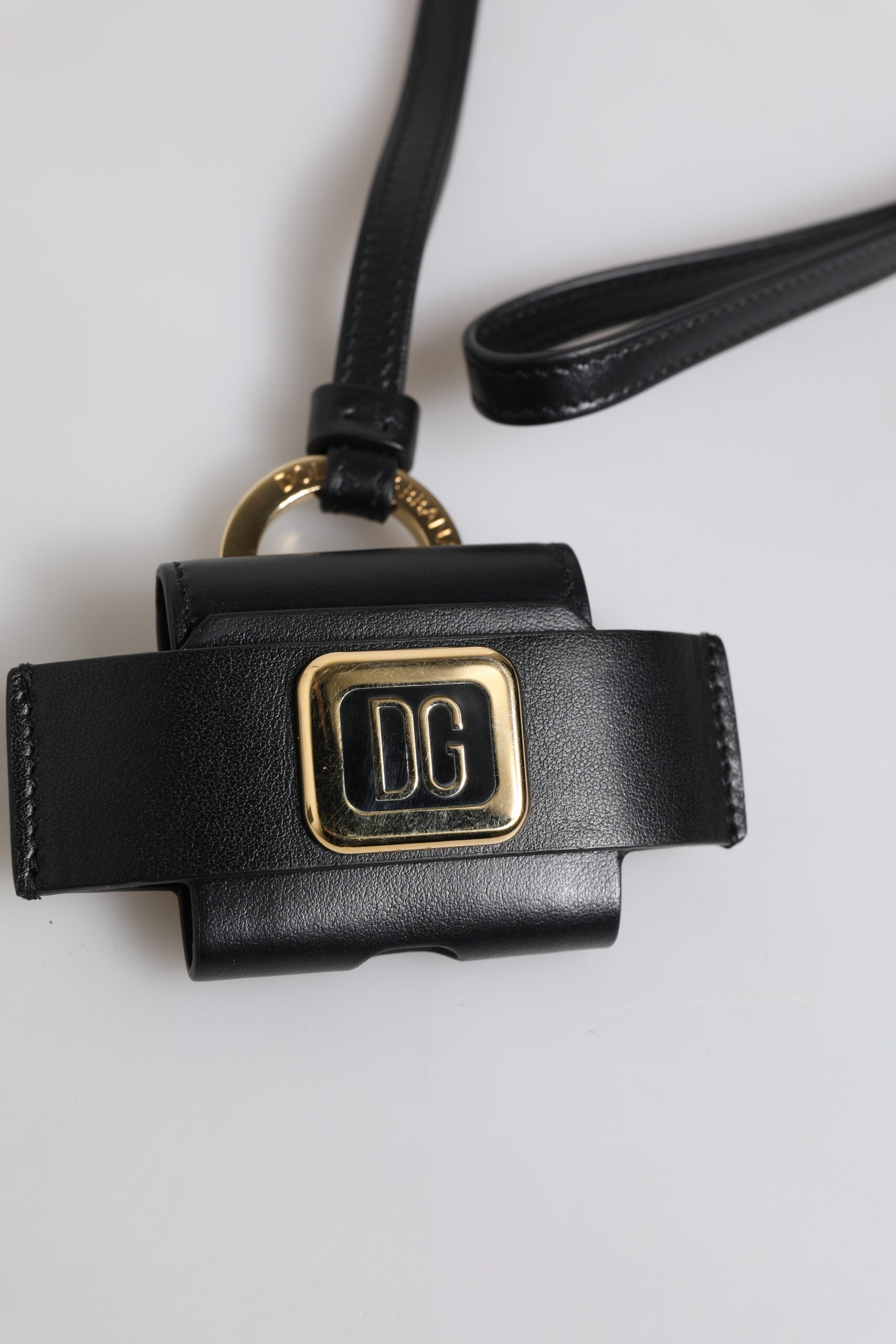 Dolce &amp; Gabbana Black Leather Strap Gold Metal Logo Plaque Airpods Case