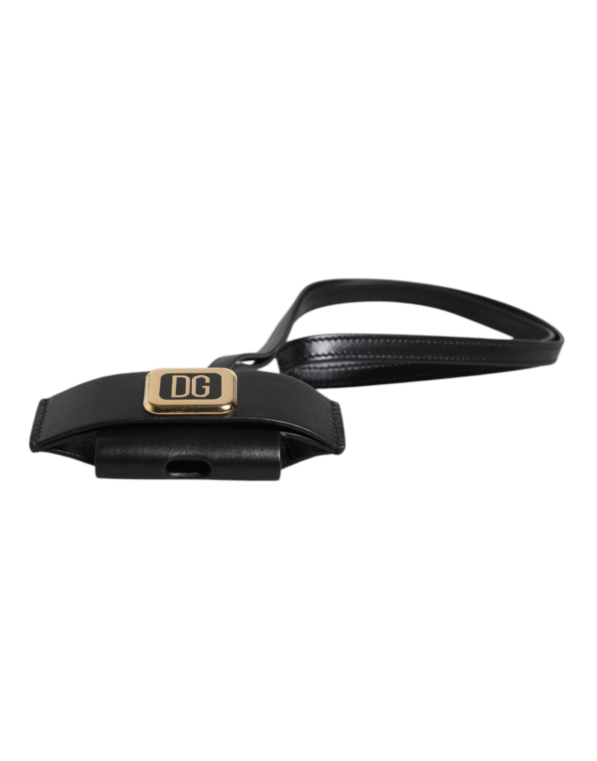 Dolce &amp; Gabbana Black Leather Strap Gold Metal Logo Plaque Airpods Case