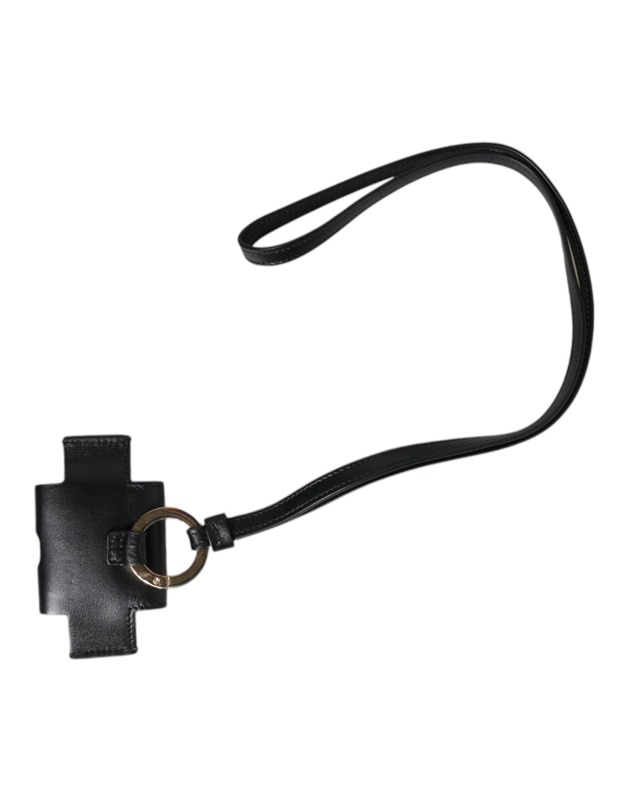 Dolce &amp; Gabbana Black Leather Strap Gold Metal Logo Plaque Airpods Case