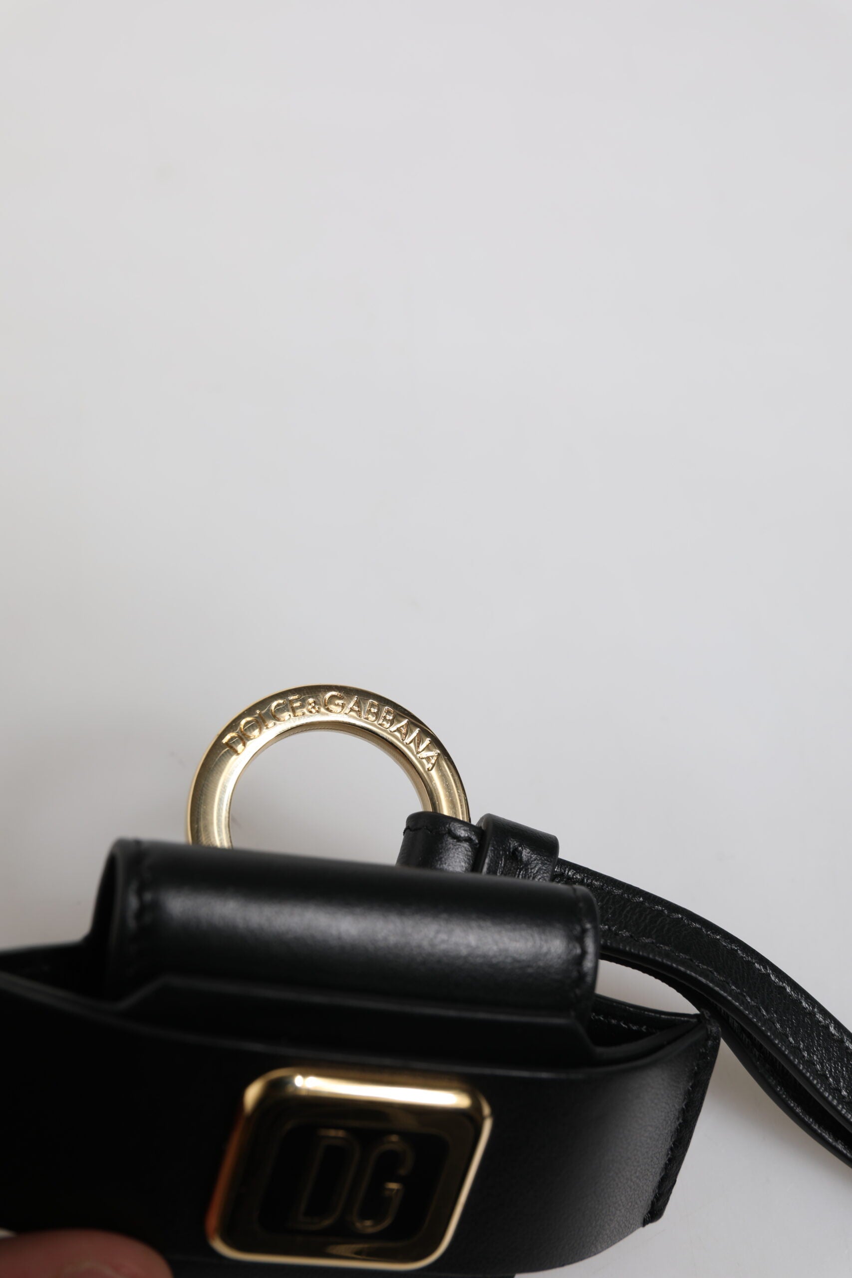Dolce &amp; Gabbana Black Leather Strap Gold Metal Logo Plaque Airpods Case