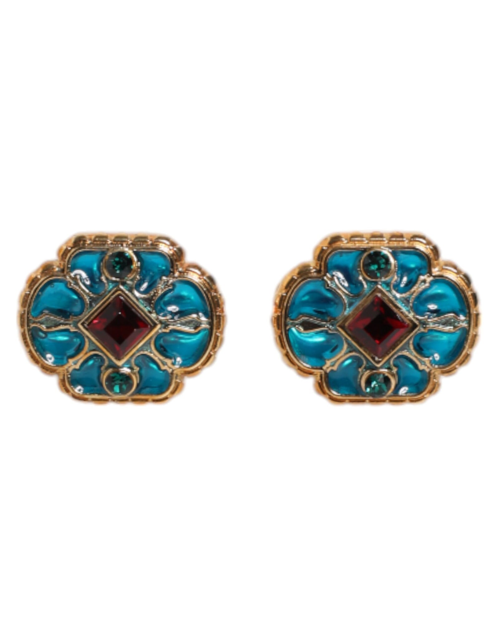 Dolce &amp; Gabbana Gold Brass Blue Enameled Flower Cufflink