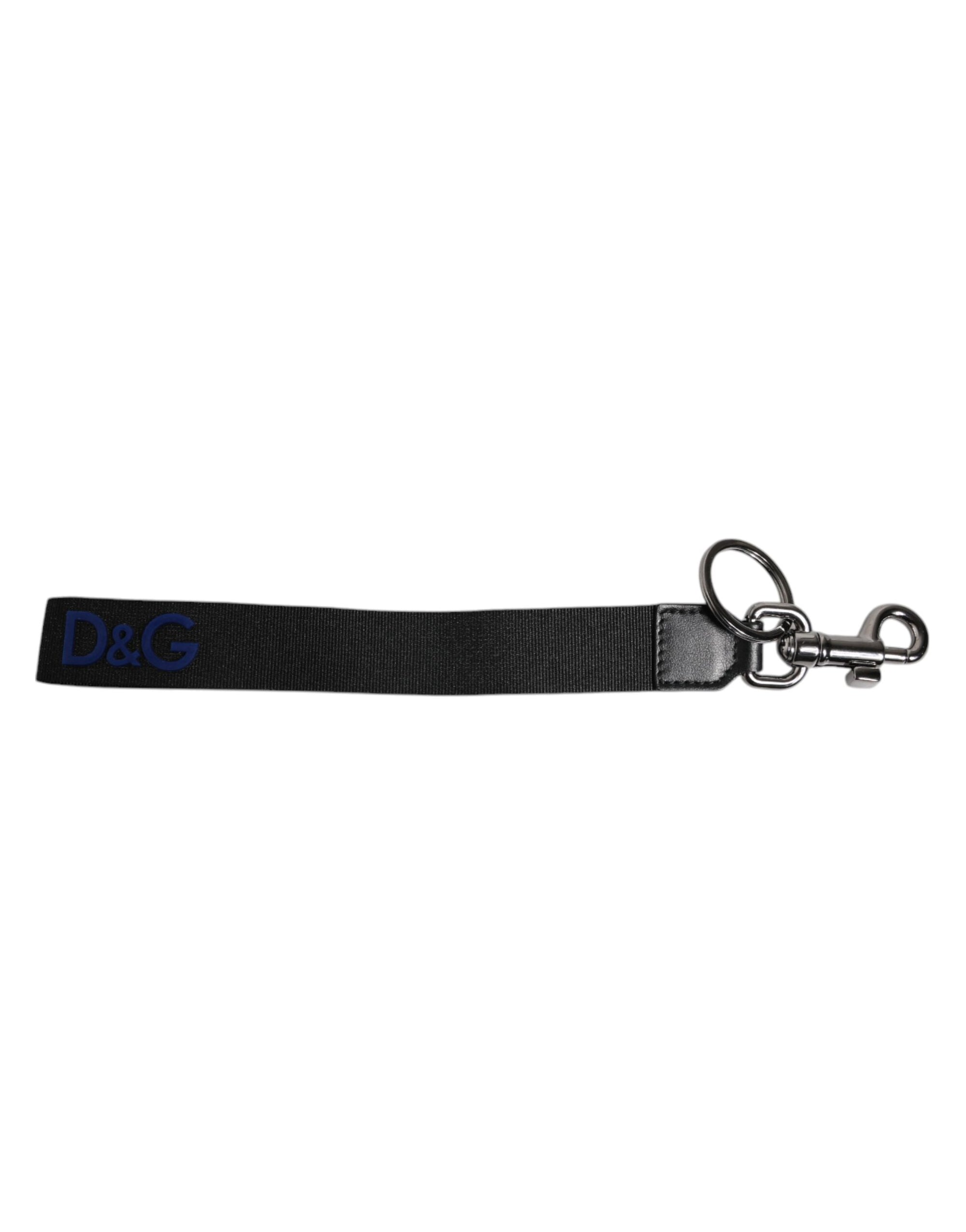 Dolce &amp; Gabbana Black Logo Nylon Silver Brass Men Holder Keychain Keyring