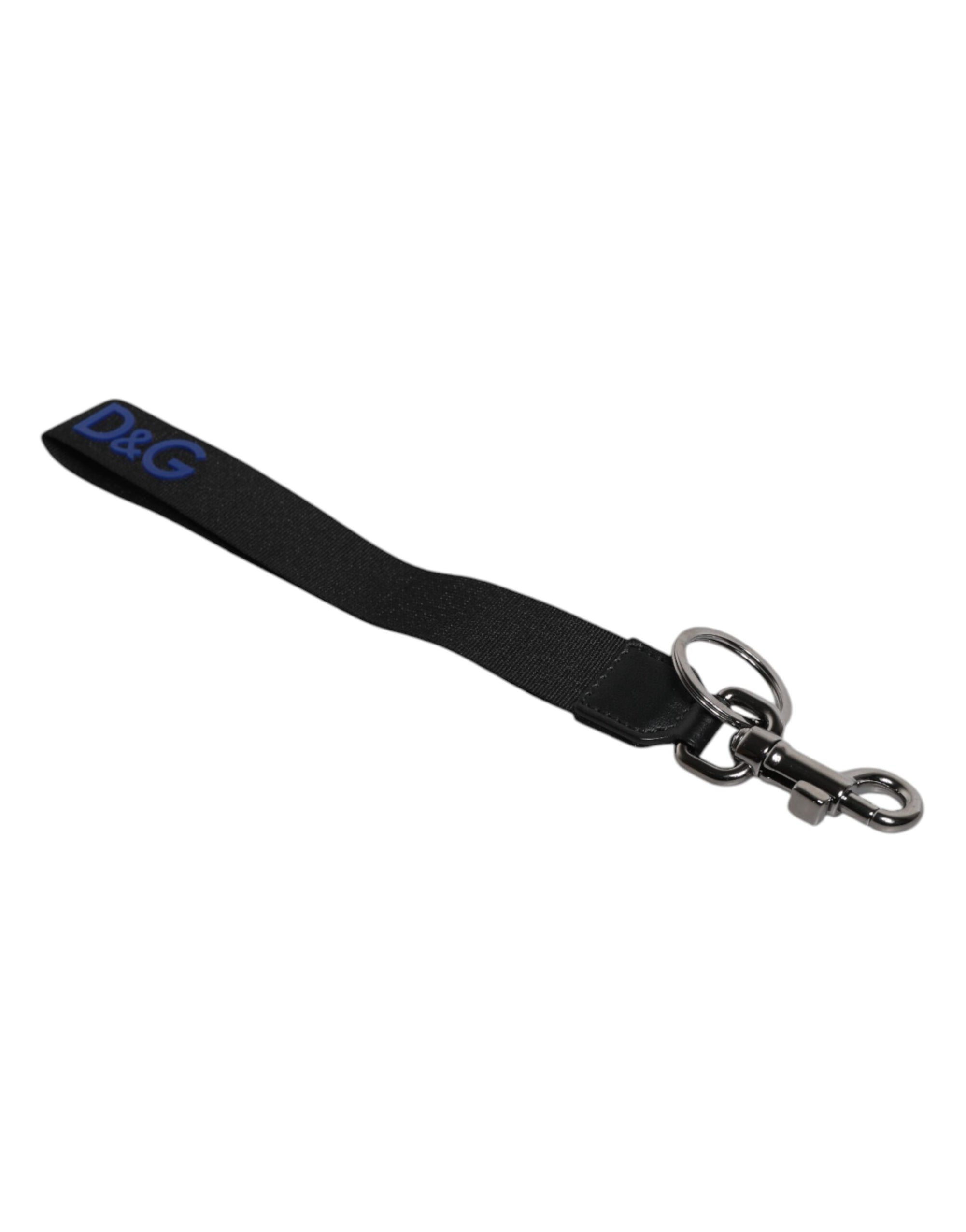 Dolce &amp; Gabbana Black Logo Nylon Silver Brass Men Holder Keychain Keyring