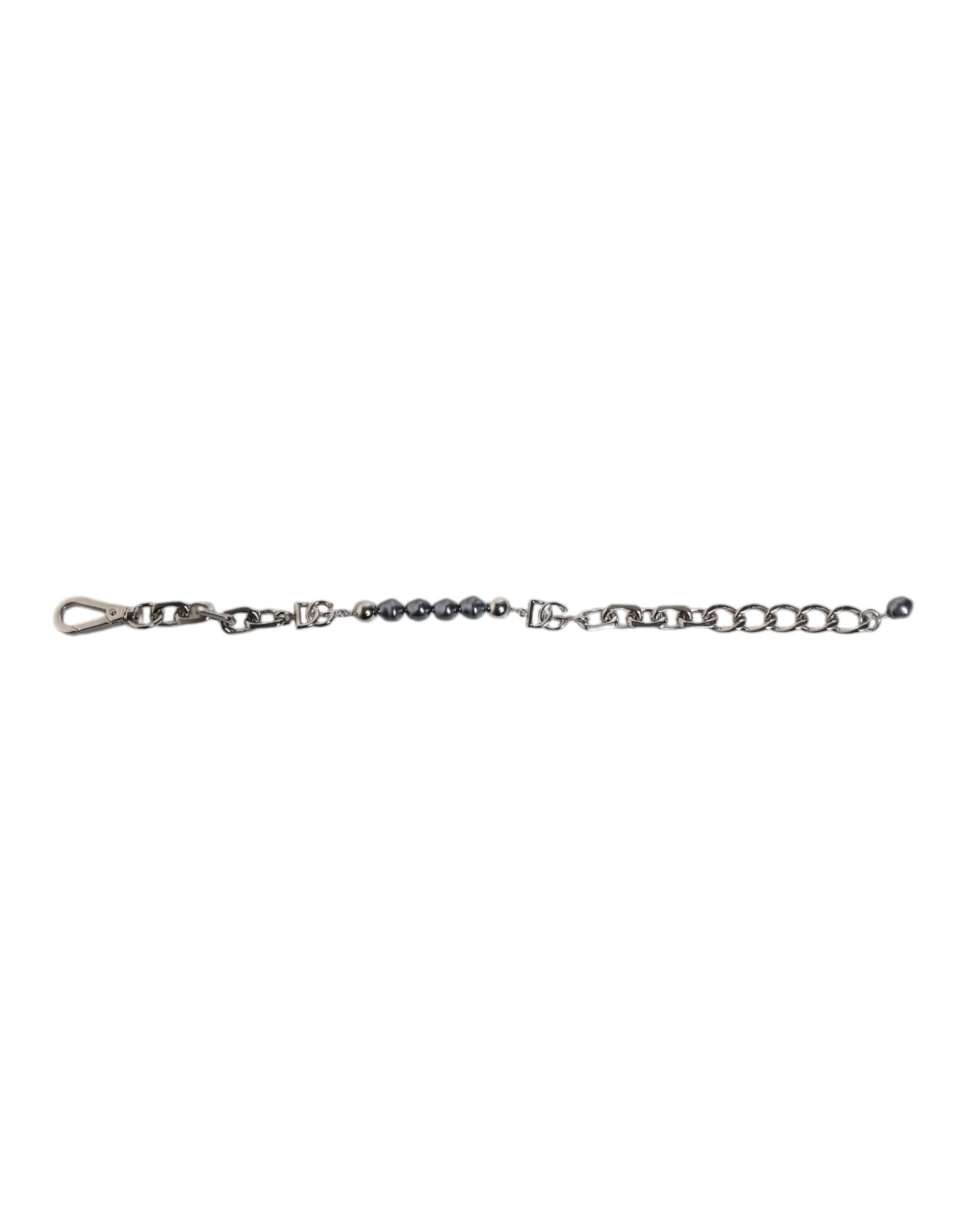 Dolce &amp; Gabbana Silver Tone Chain Lobster Clasp Logo Gray Pearls Bracelet